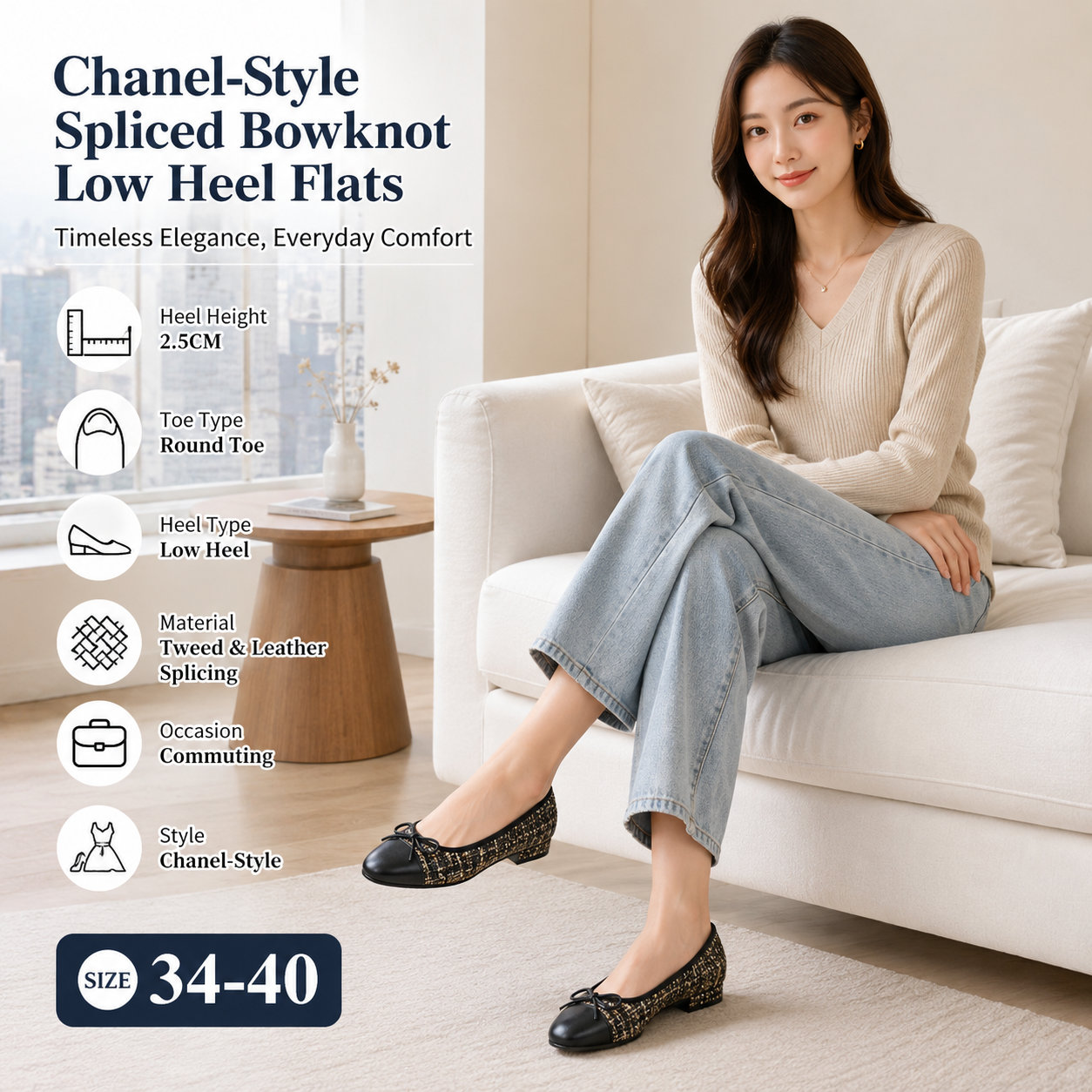 2.5cm Low Heel Bow Women's Tweed Leather Single Shoes