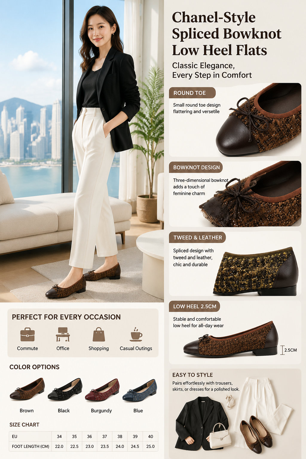 2.5cm Low Heel Bow Women's Tweed Leather Single Shoes