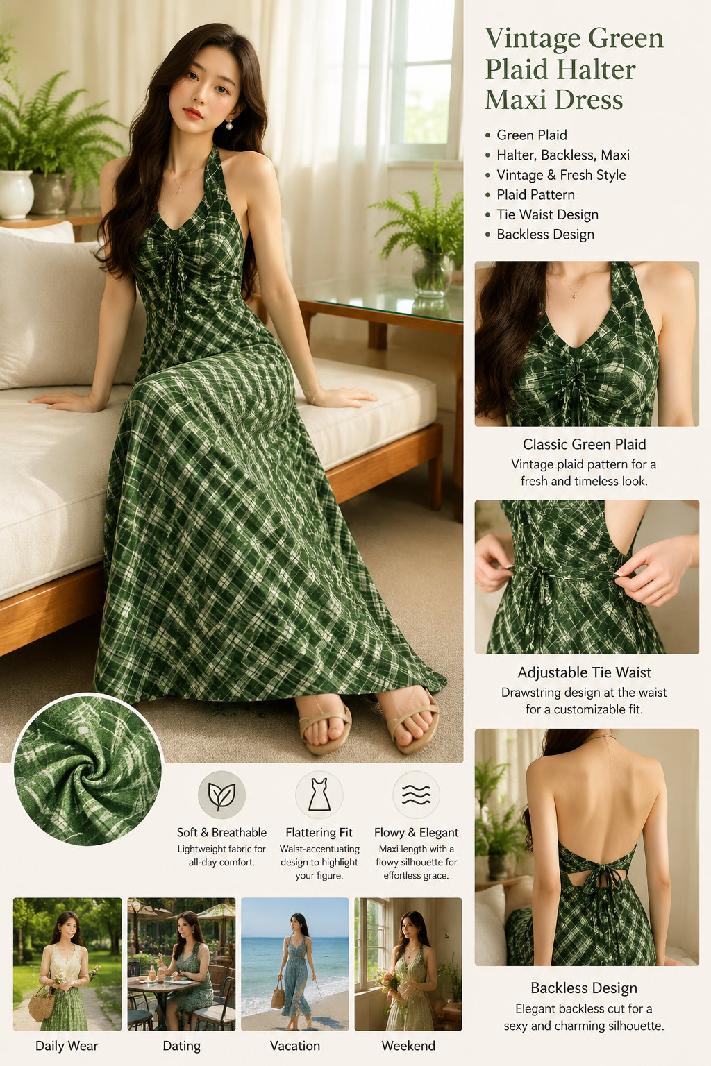 Retro Green Plaid Cami Dress