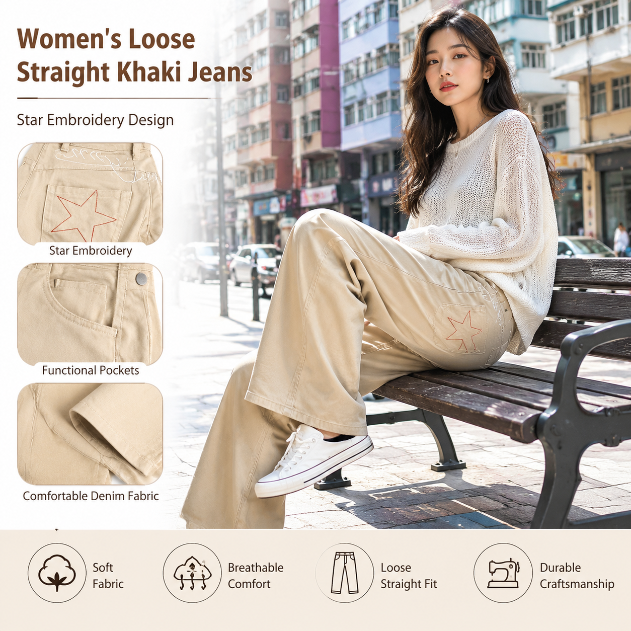Khaki Star Embroidered Jeans