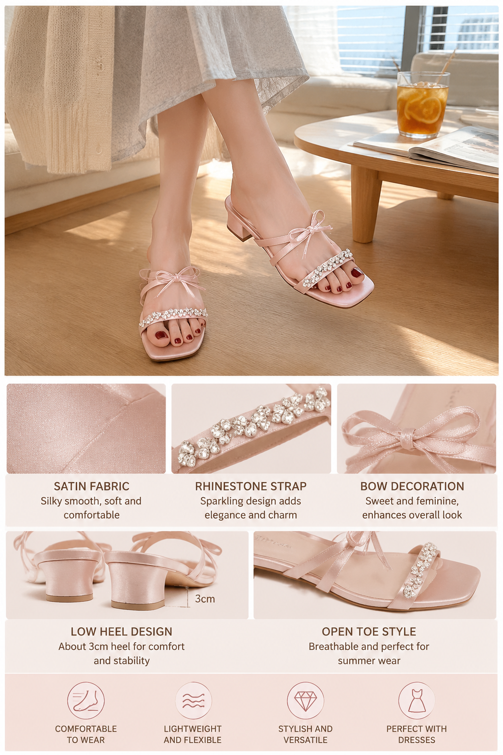 Women's Satin Low Heel Slides