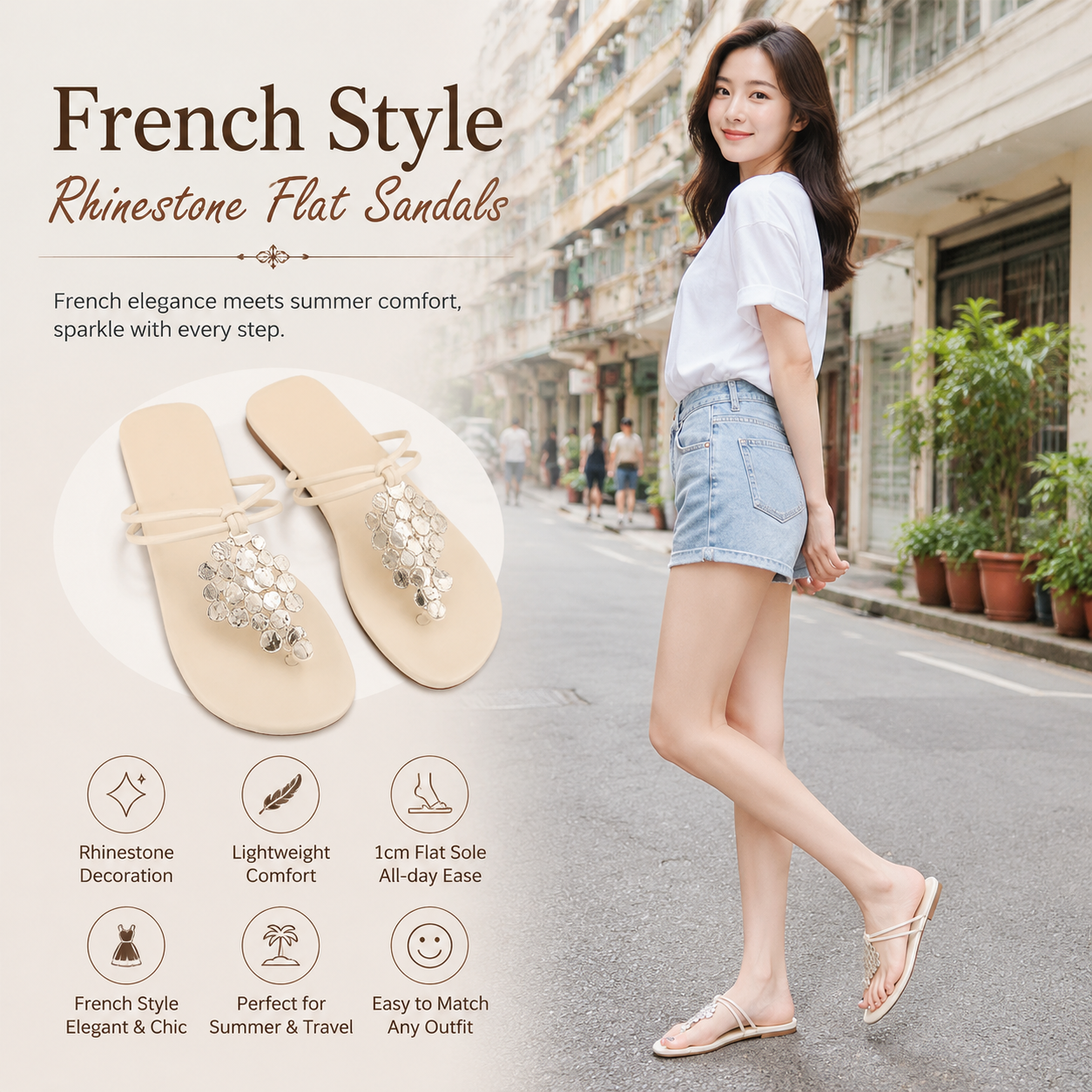 Women's Rhinestone French Flip Flops