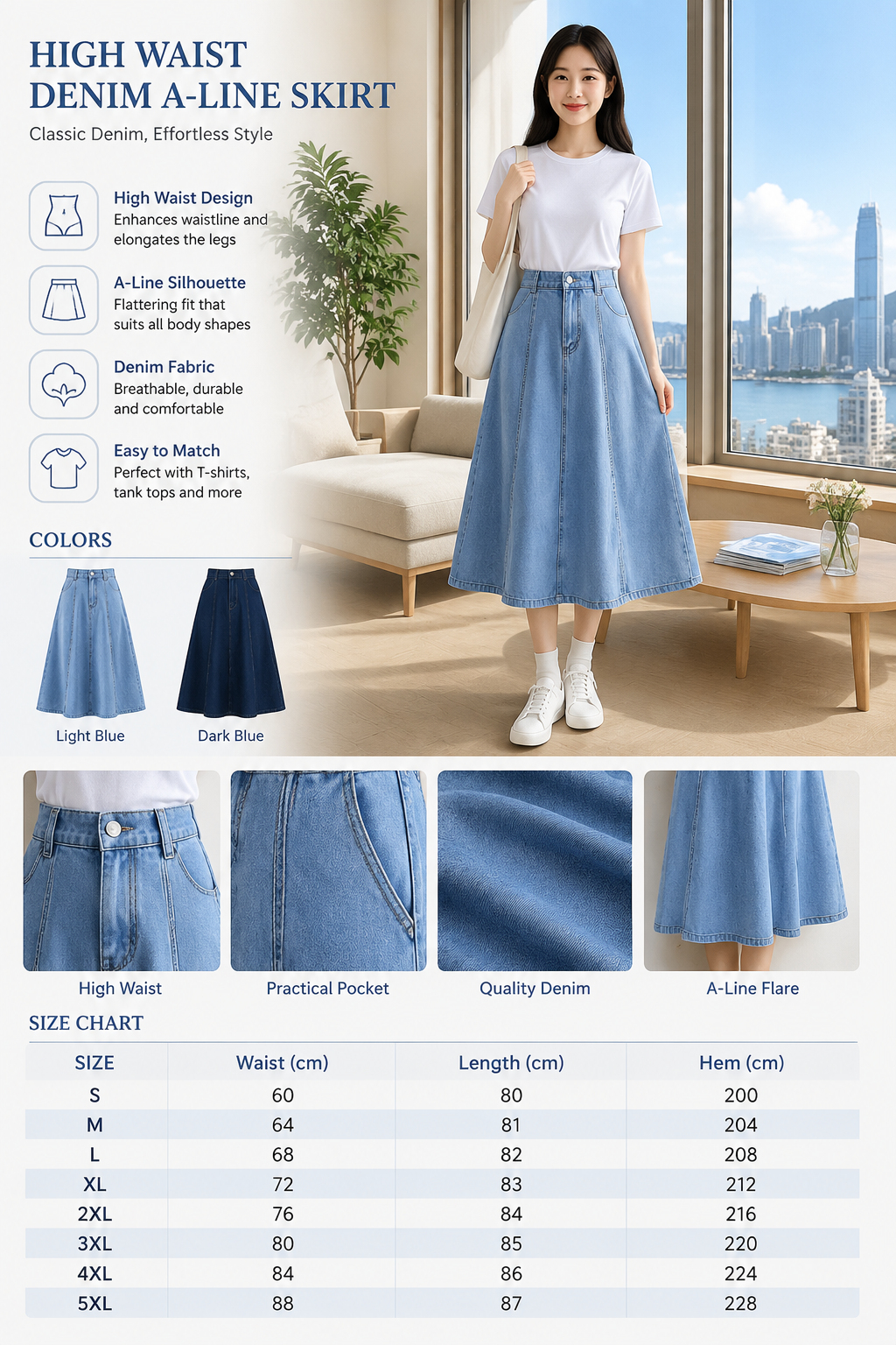 High Waist Denim A-Line Skirt