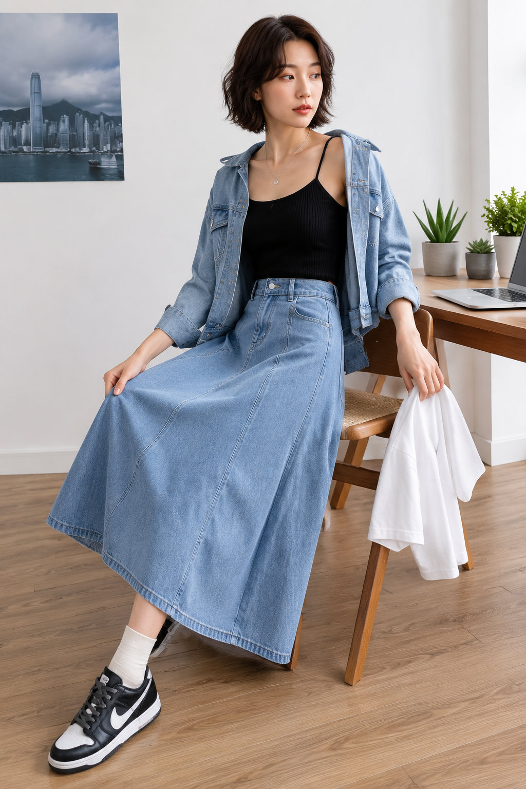 High Waist Denim A-Line Skirt