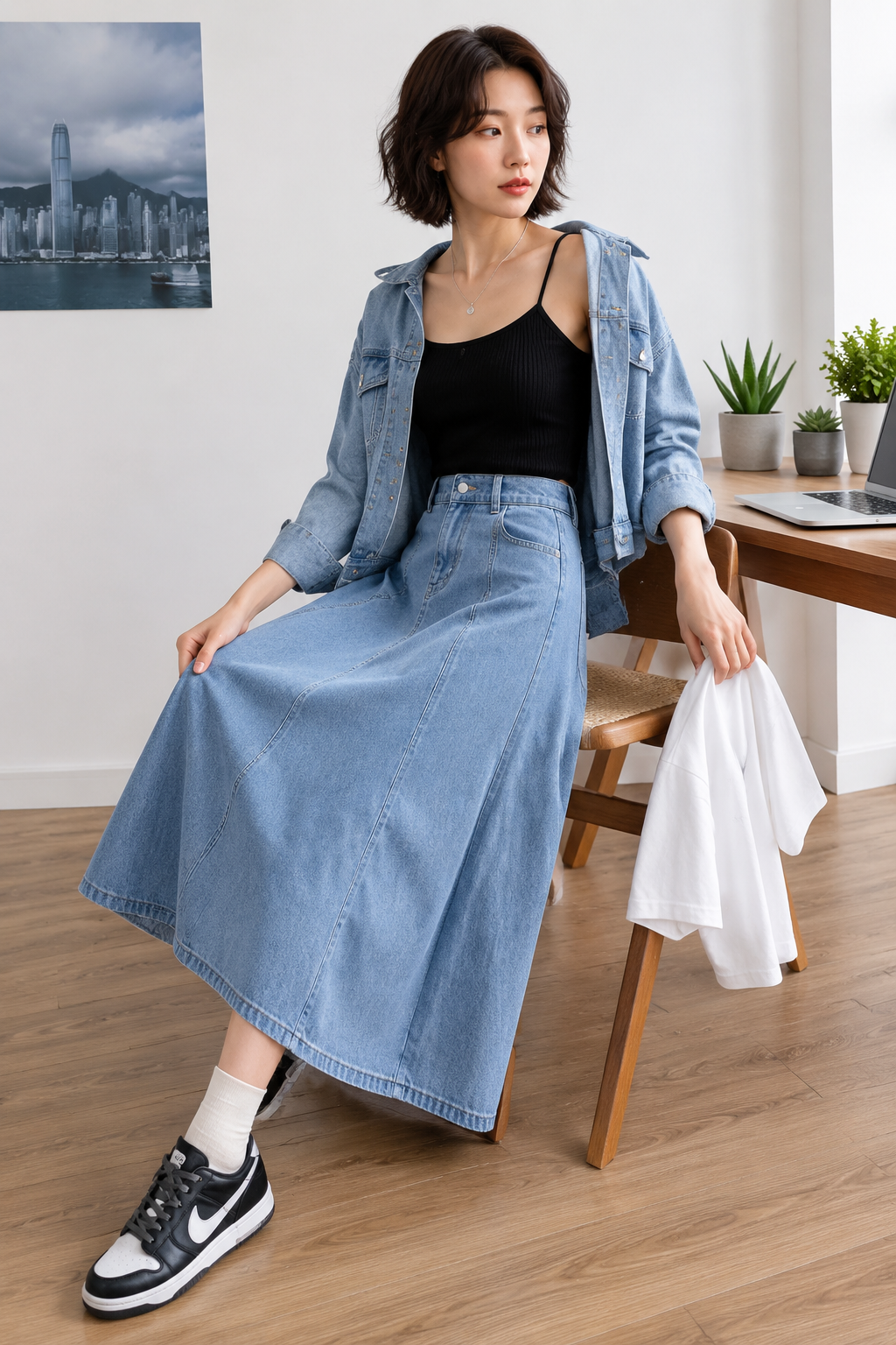 High Waist Denim A-Line Skirt