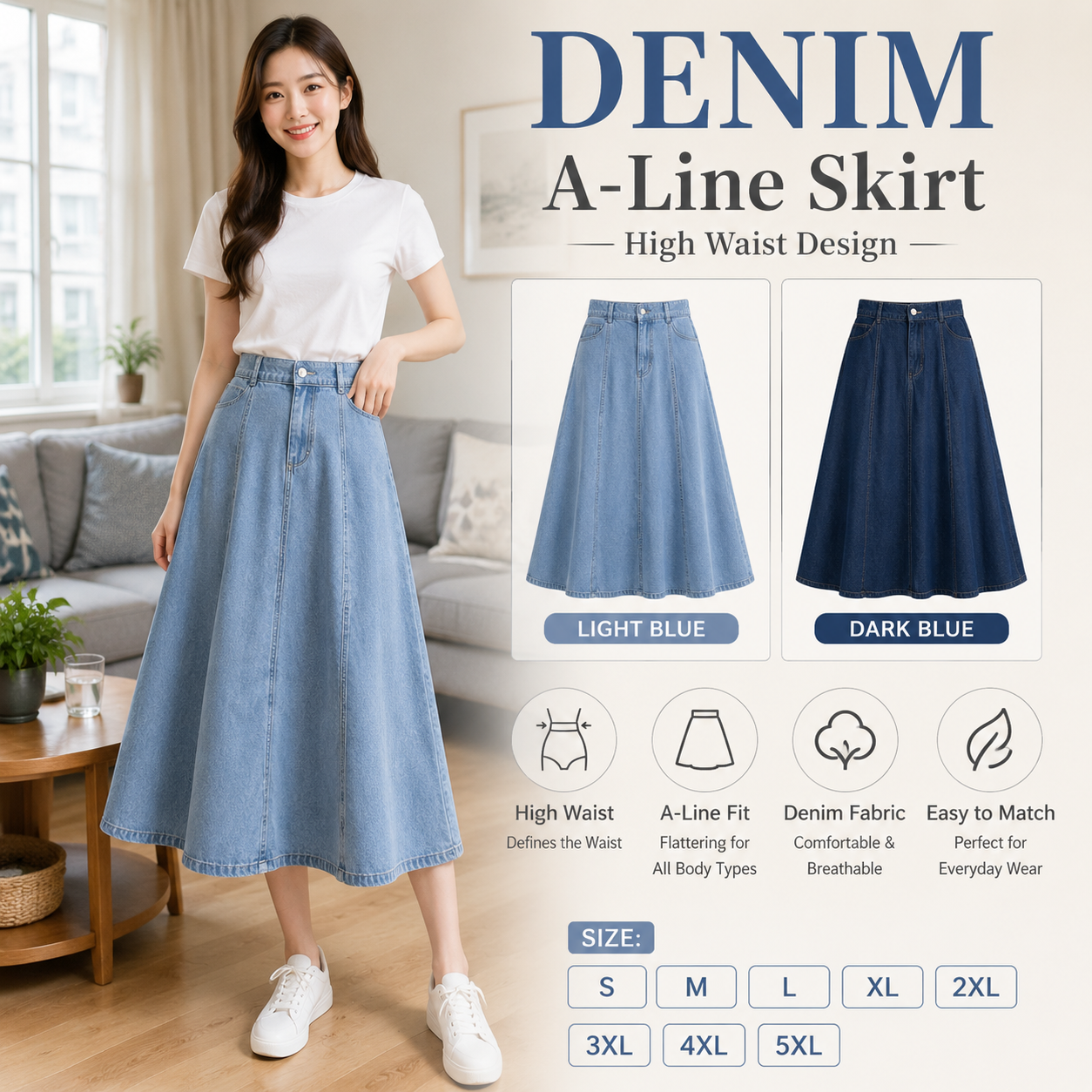 High Waist Denim A-Line Skirt