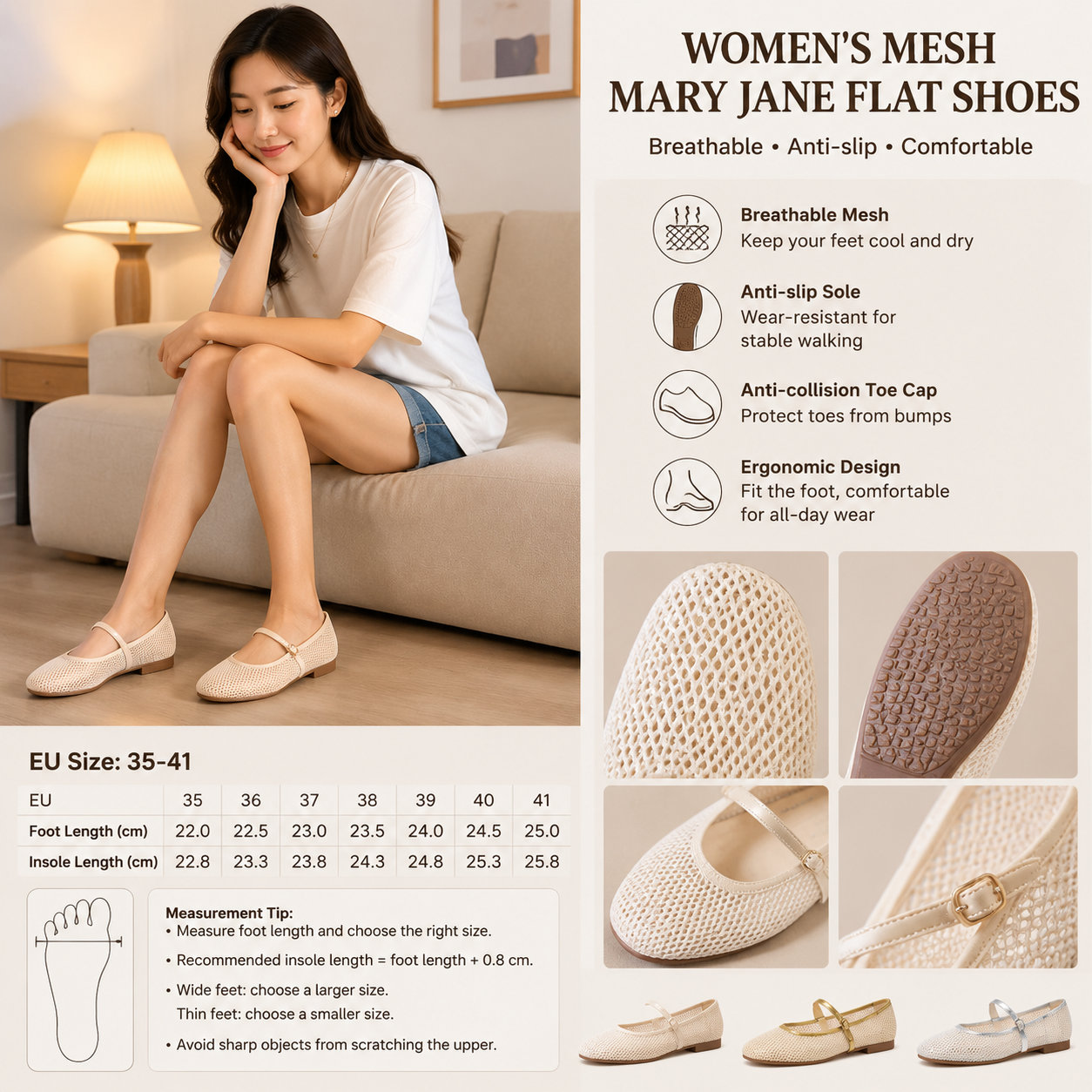 Women's Mesh Mary Jane Flat Shoes