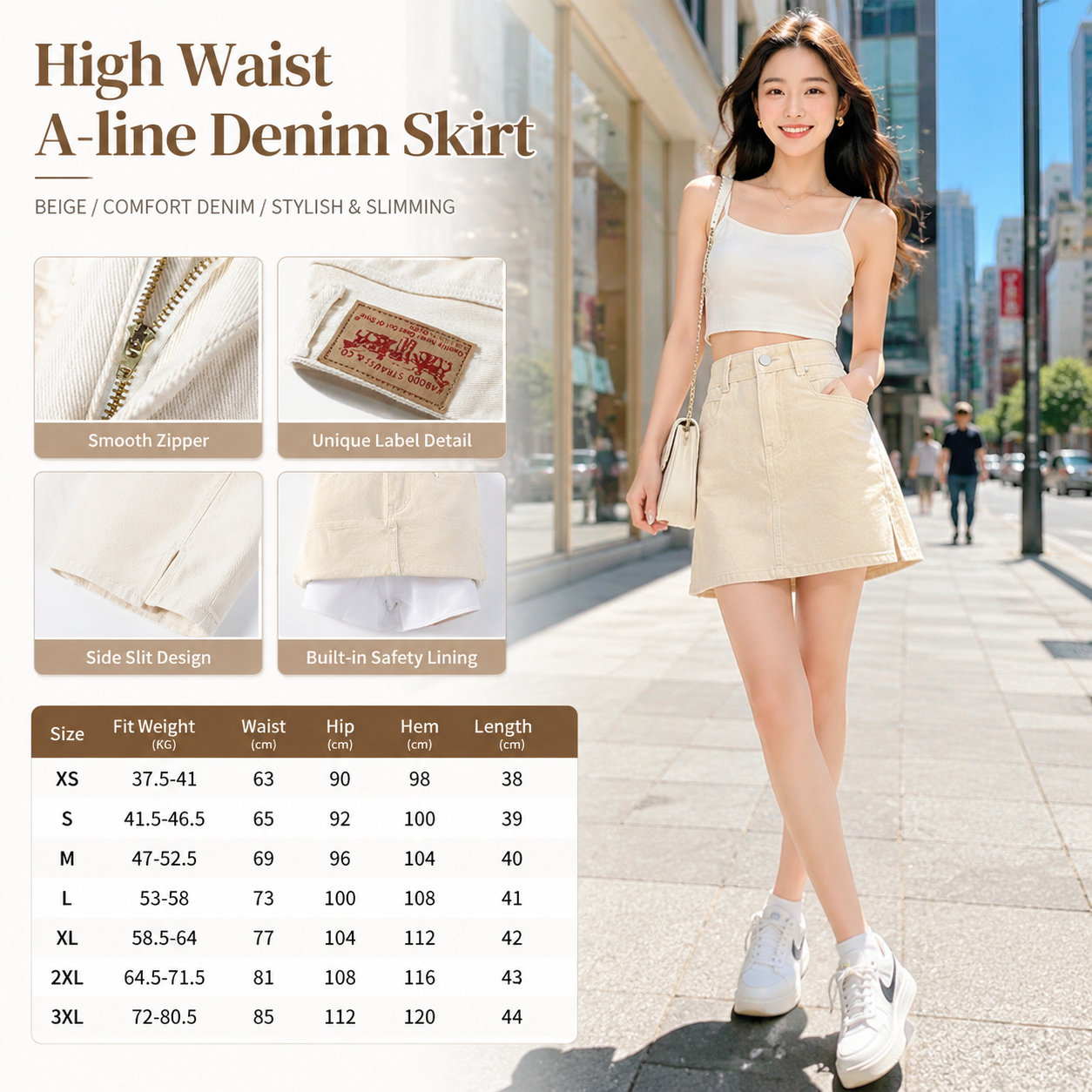 Beige High Waist A-line Denim Skirt