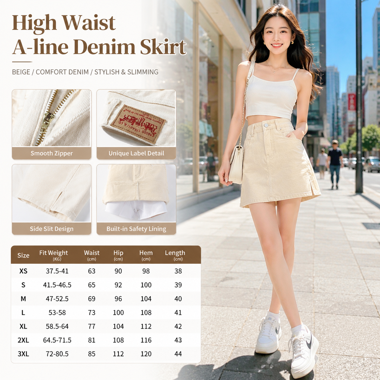 Beige High Waist A-line Denim Skirt