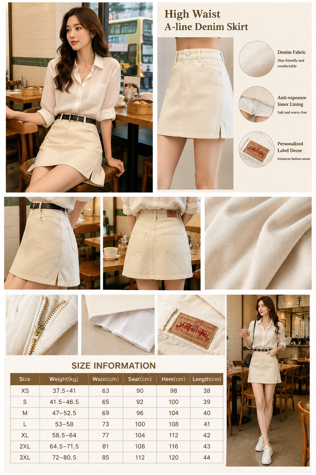 Beige High Waist A-line Denim Skirt