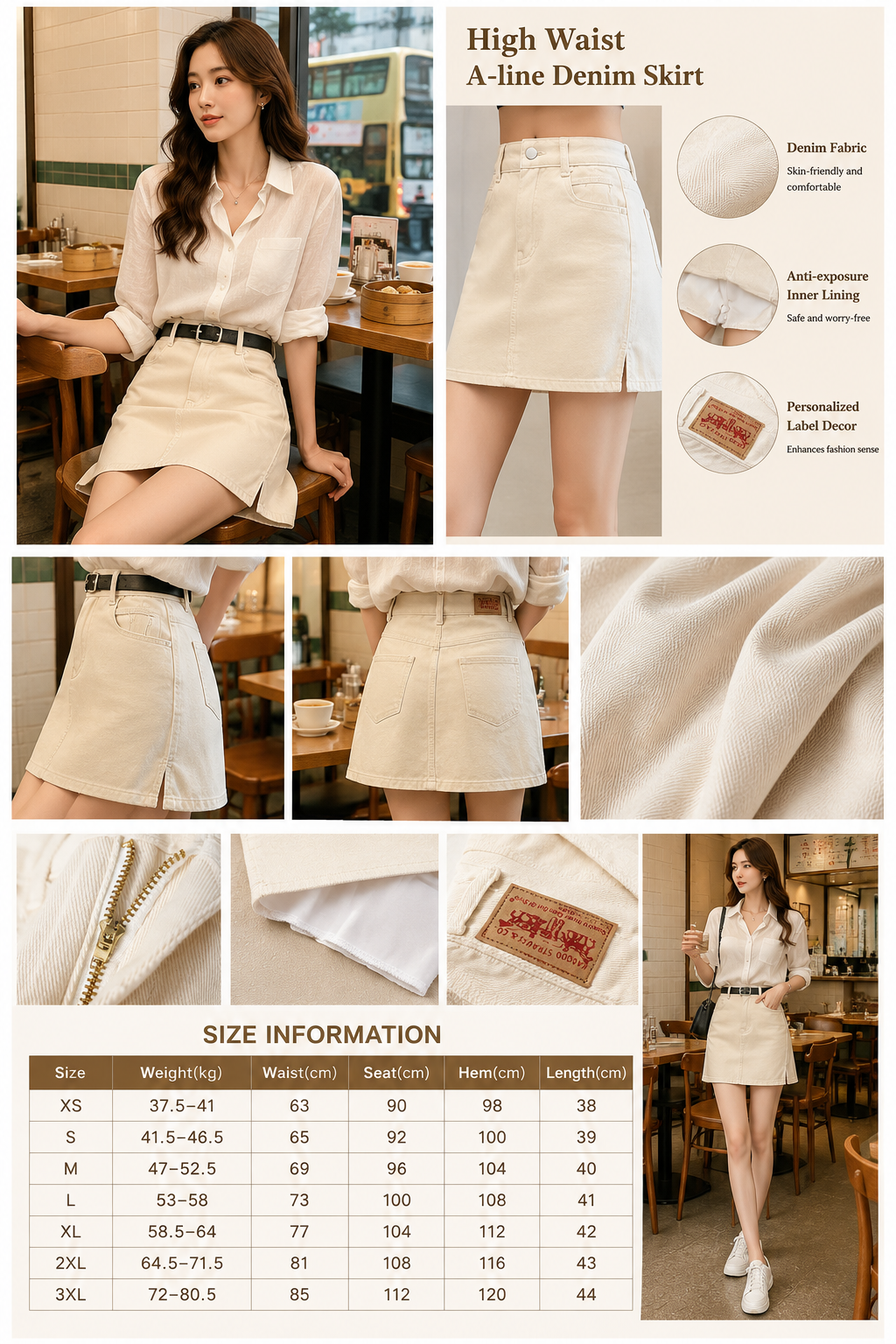 Beige High Waist A-line Denim Skirt