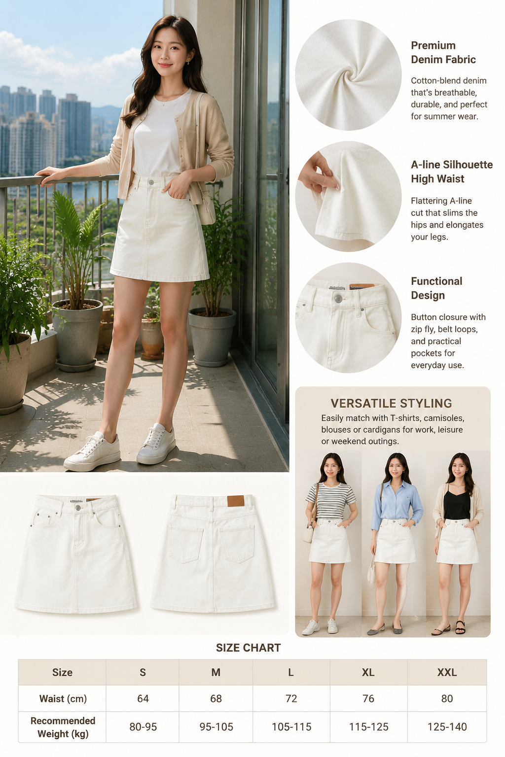 High Waist White Denim Skirt