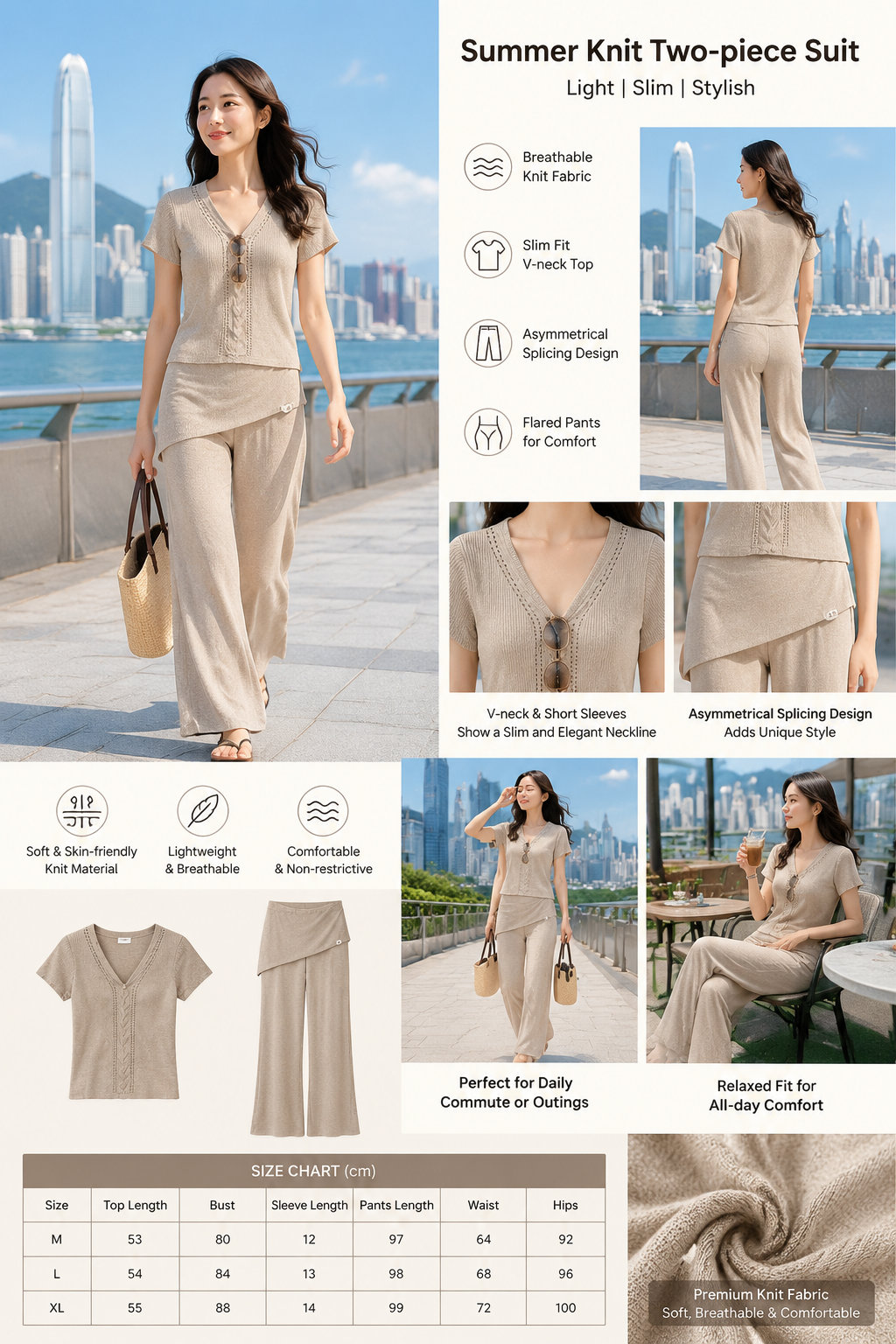Summer V-neck Knit Casual Suit