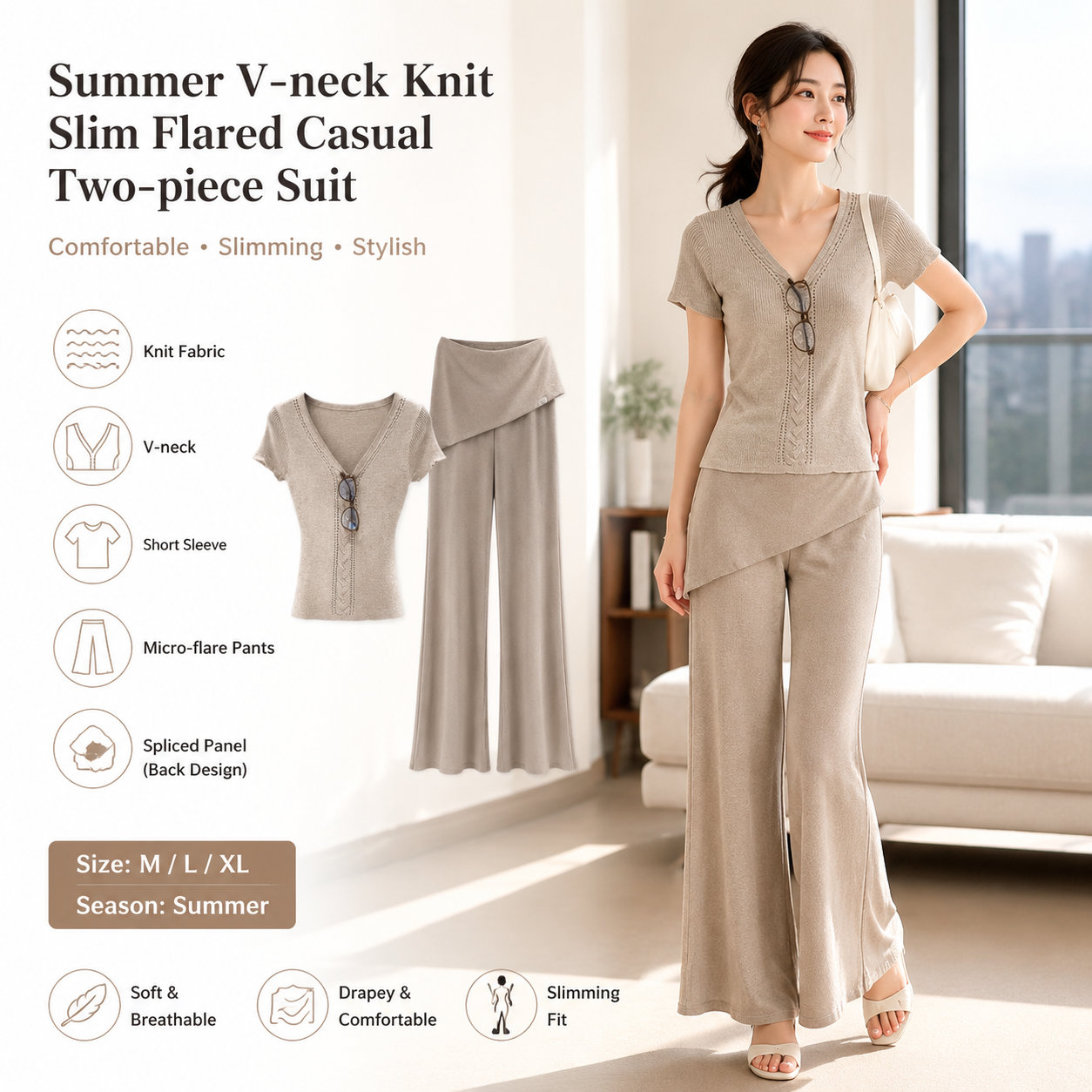 Summer V-neck Knit Casual Suit