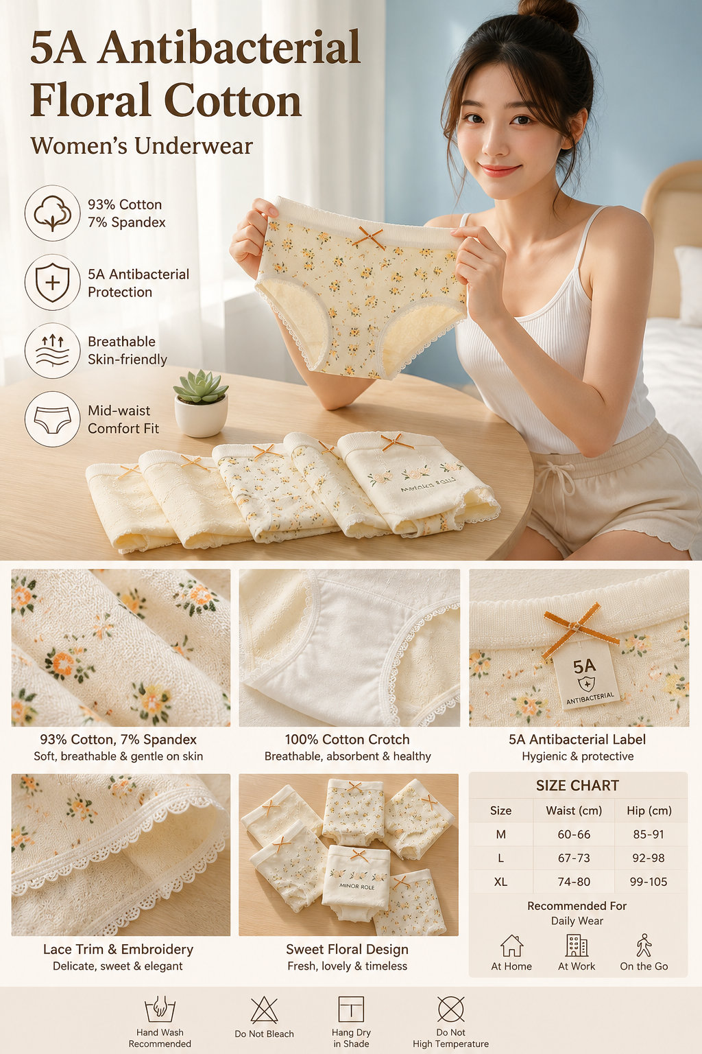5A Antibacterial Floral Women's Cotton Panties