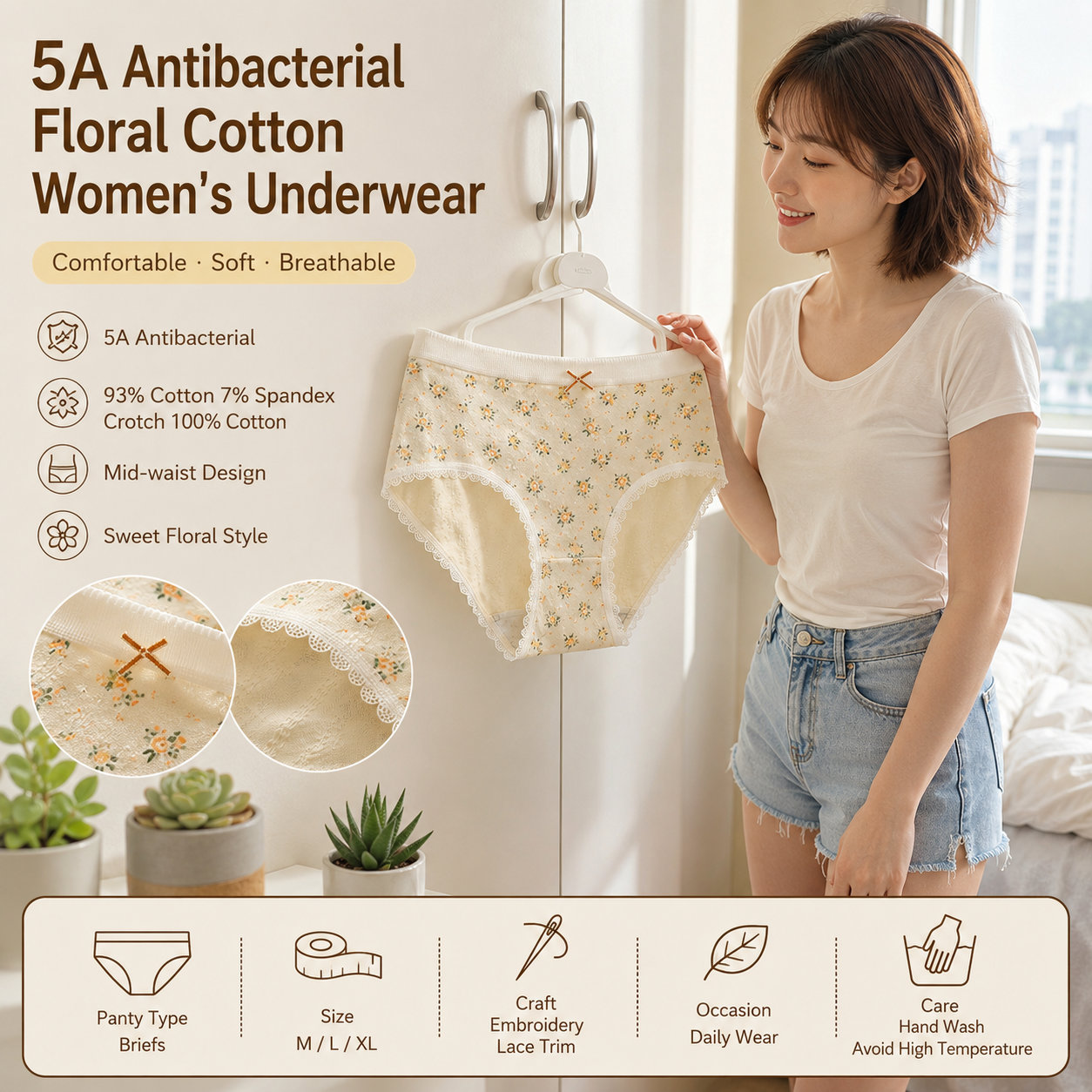 5A Antibacterial Floral Women's Cotton Panties