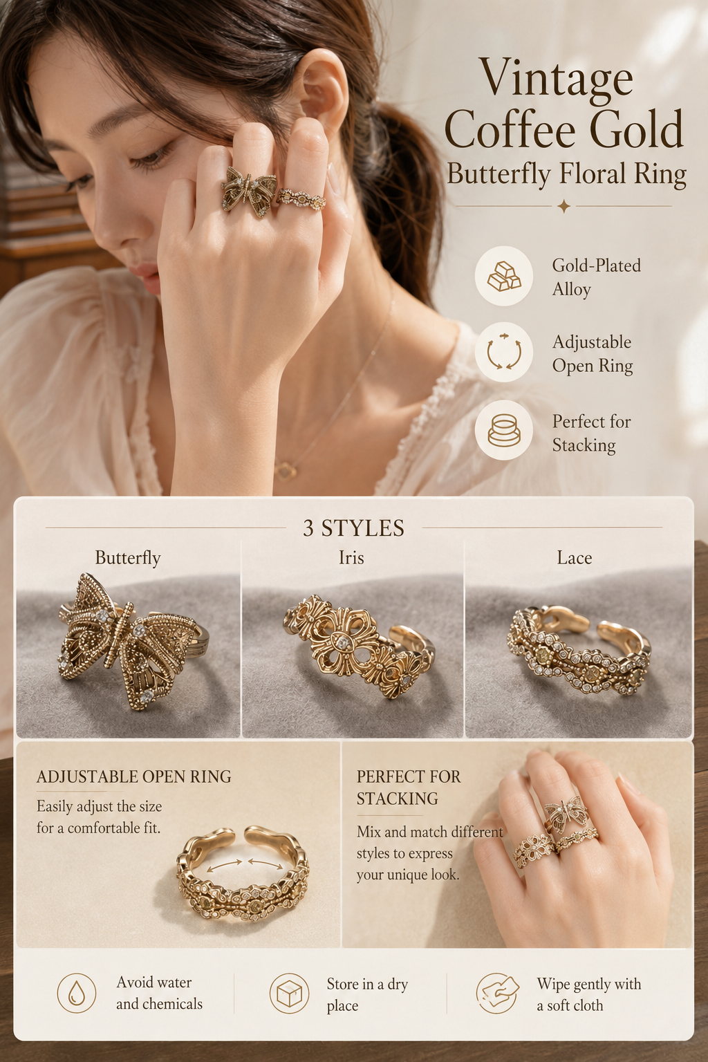 Vintage Butterfly Iris Lace Adjustable Ring