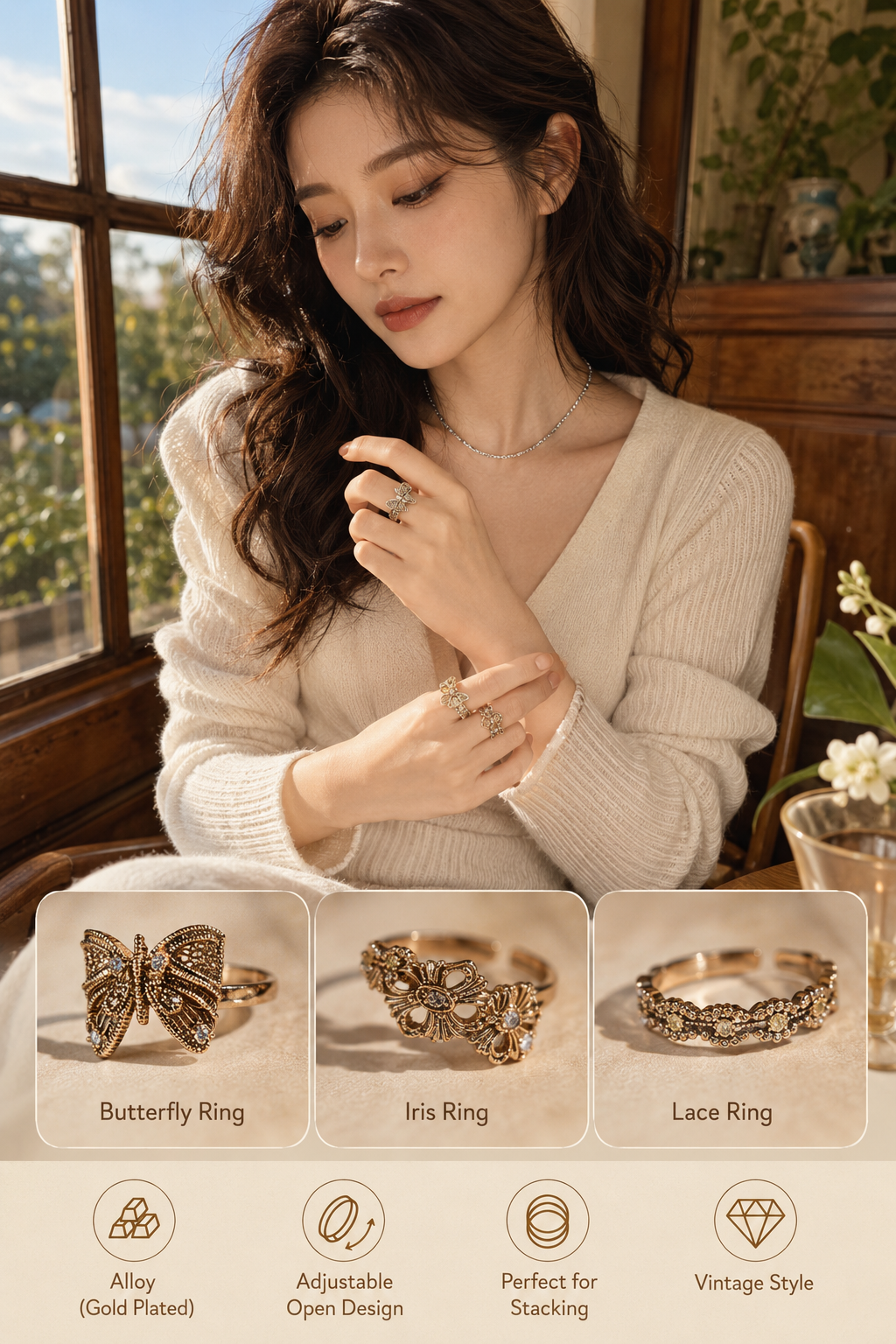 Vintage Butterfly Iris Lace Adjustable Ring