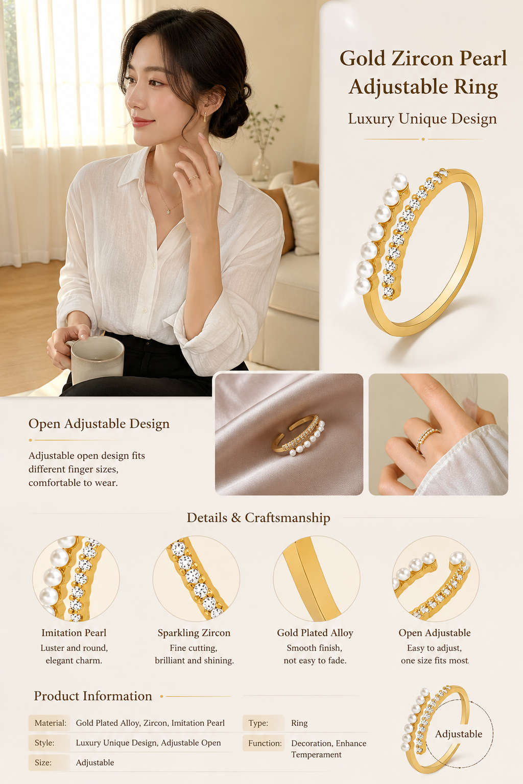 Women's Zircon Faux Pearl Ring