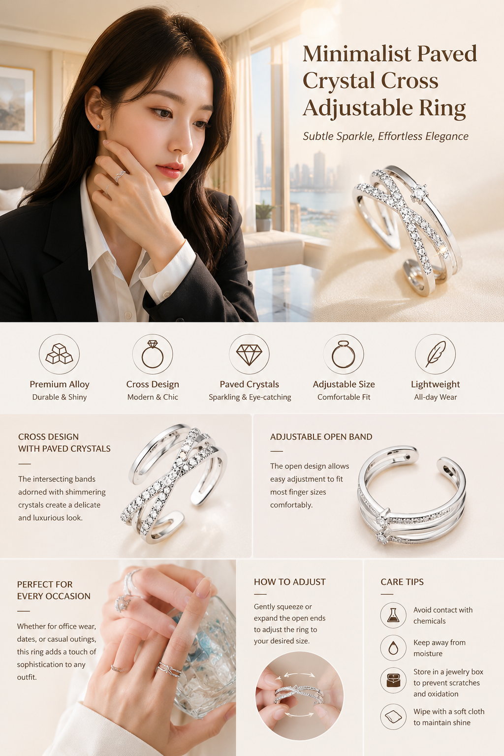 Adjustable Cross Crystal Ring