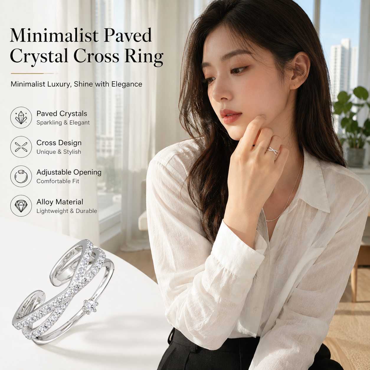 Adjustable Cross Crystal Ring