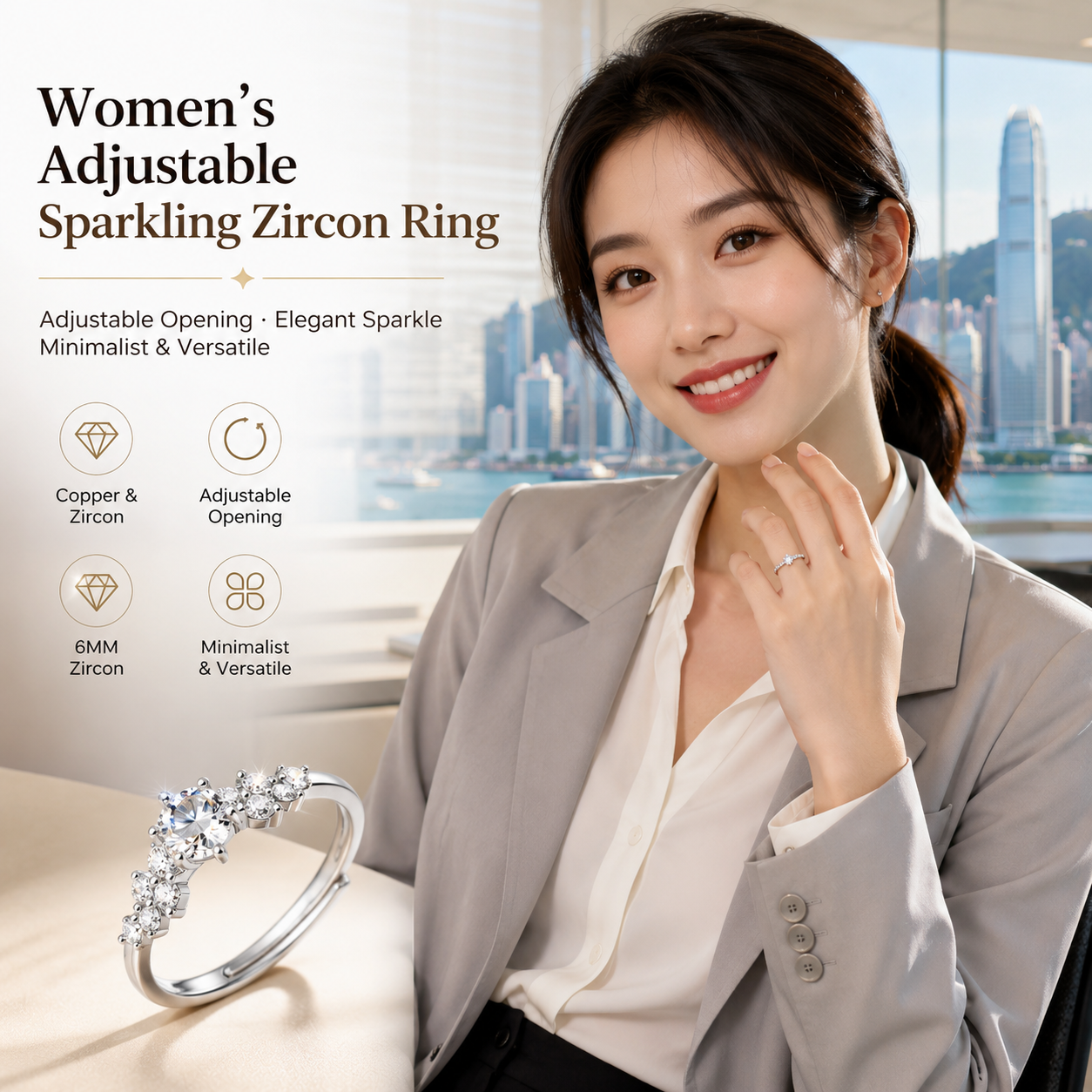 Adjustable Zircon Copper Ring