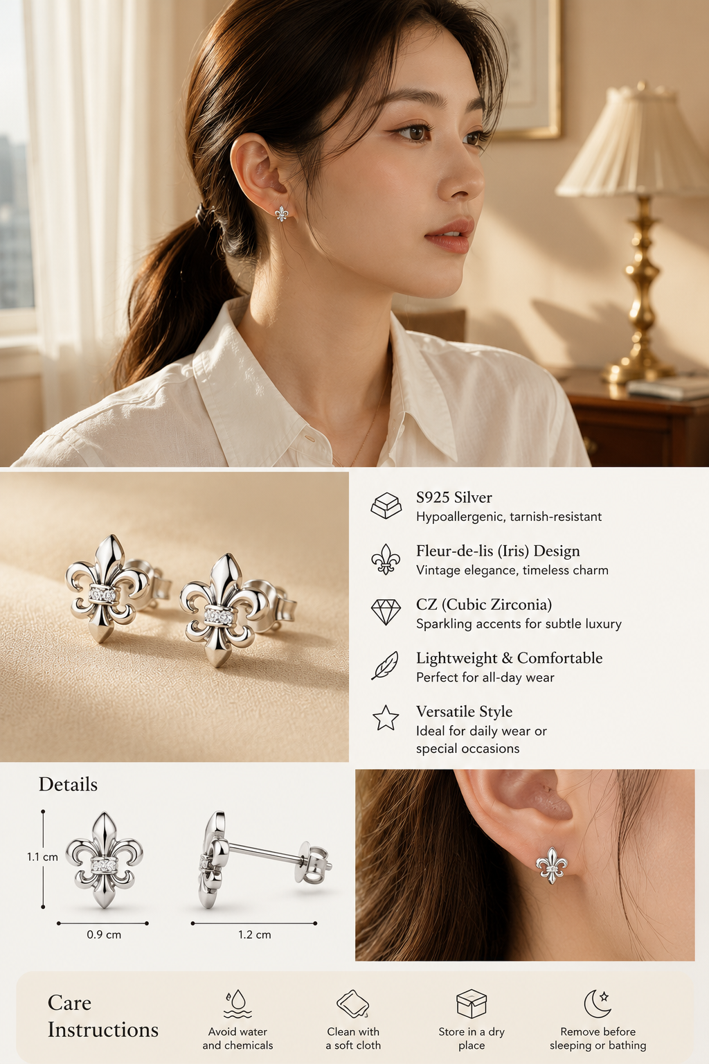 S925 Silver CZ Fleur Earrings