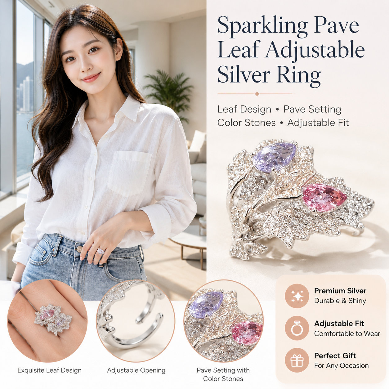 Adjustable Leaf Shape Silver Ring