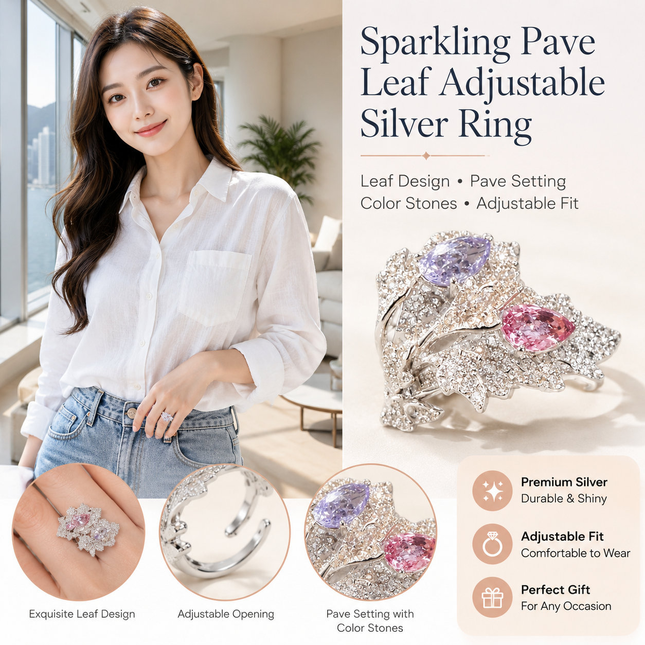 Adjustable Leaf Shape Silver Ring