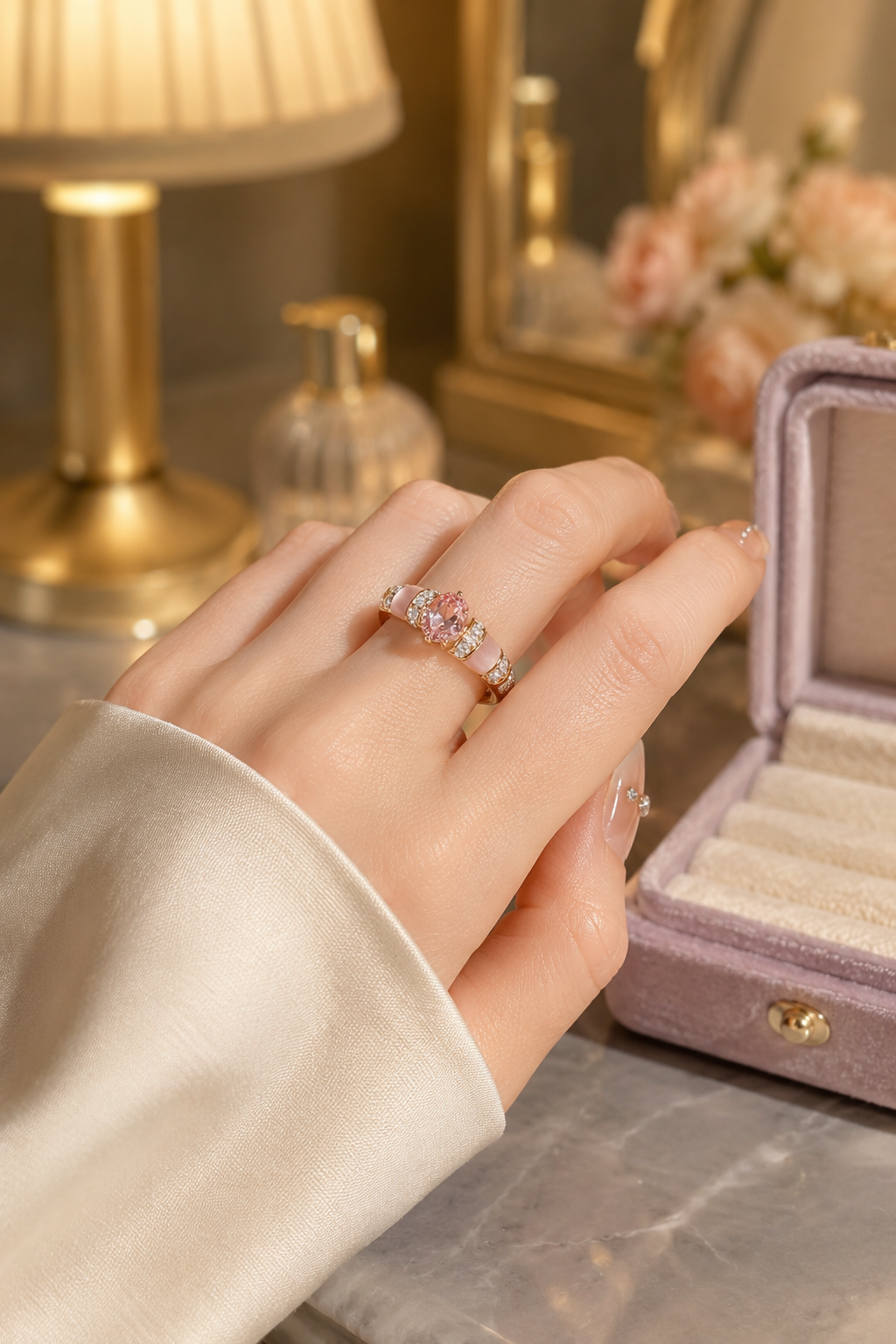 S925 Pink Shell & Diamond Ring