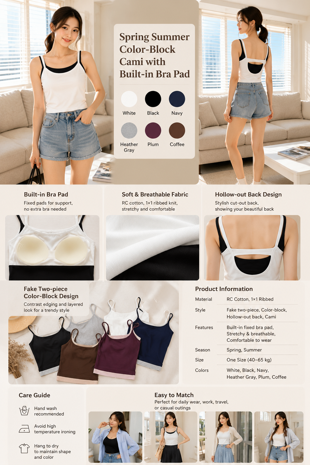 Women's Color Block Hollow Back Cami Top