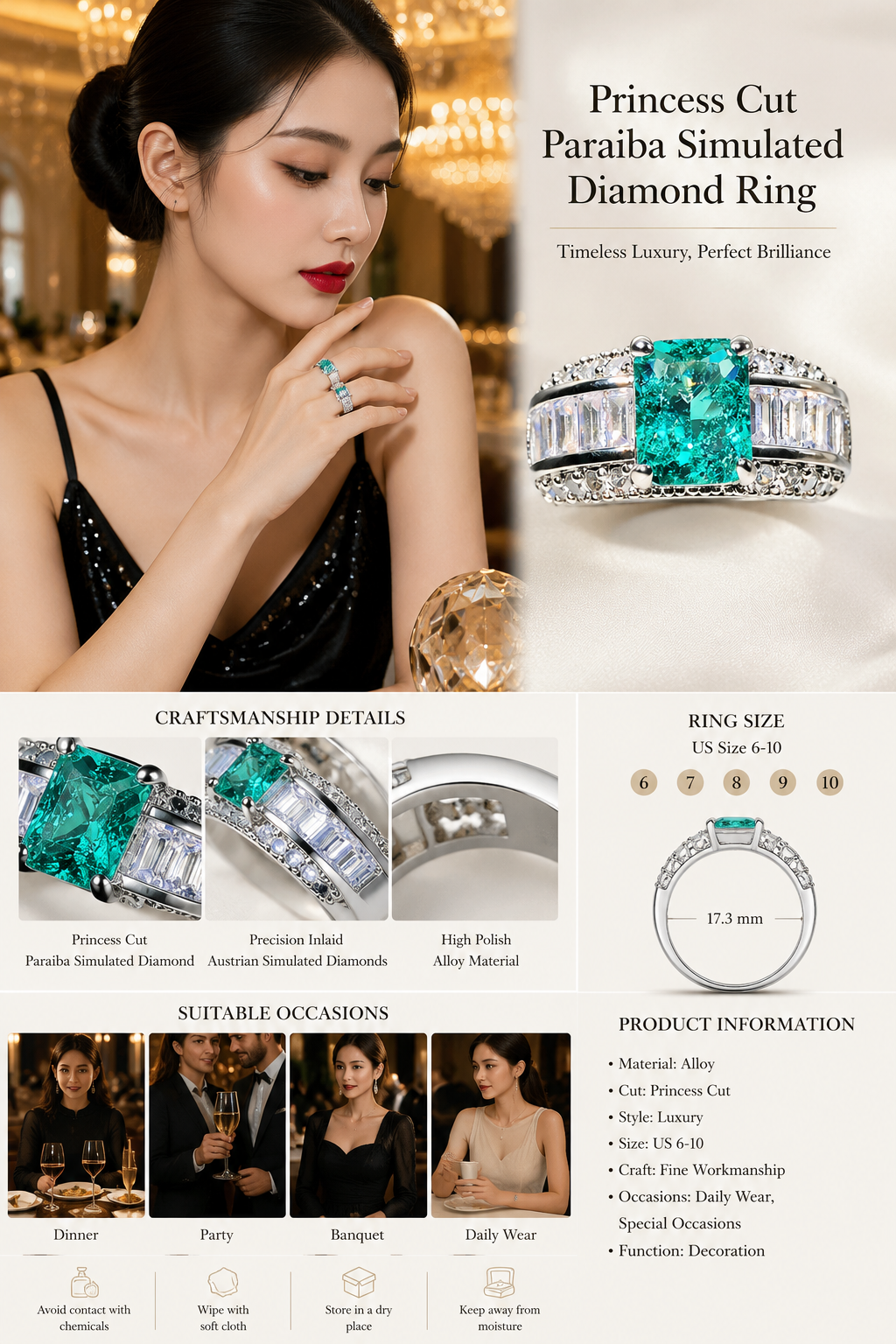 Princess Cut Alloy Fashion Ring