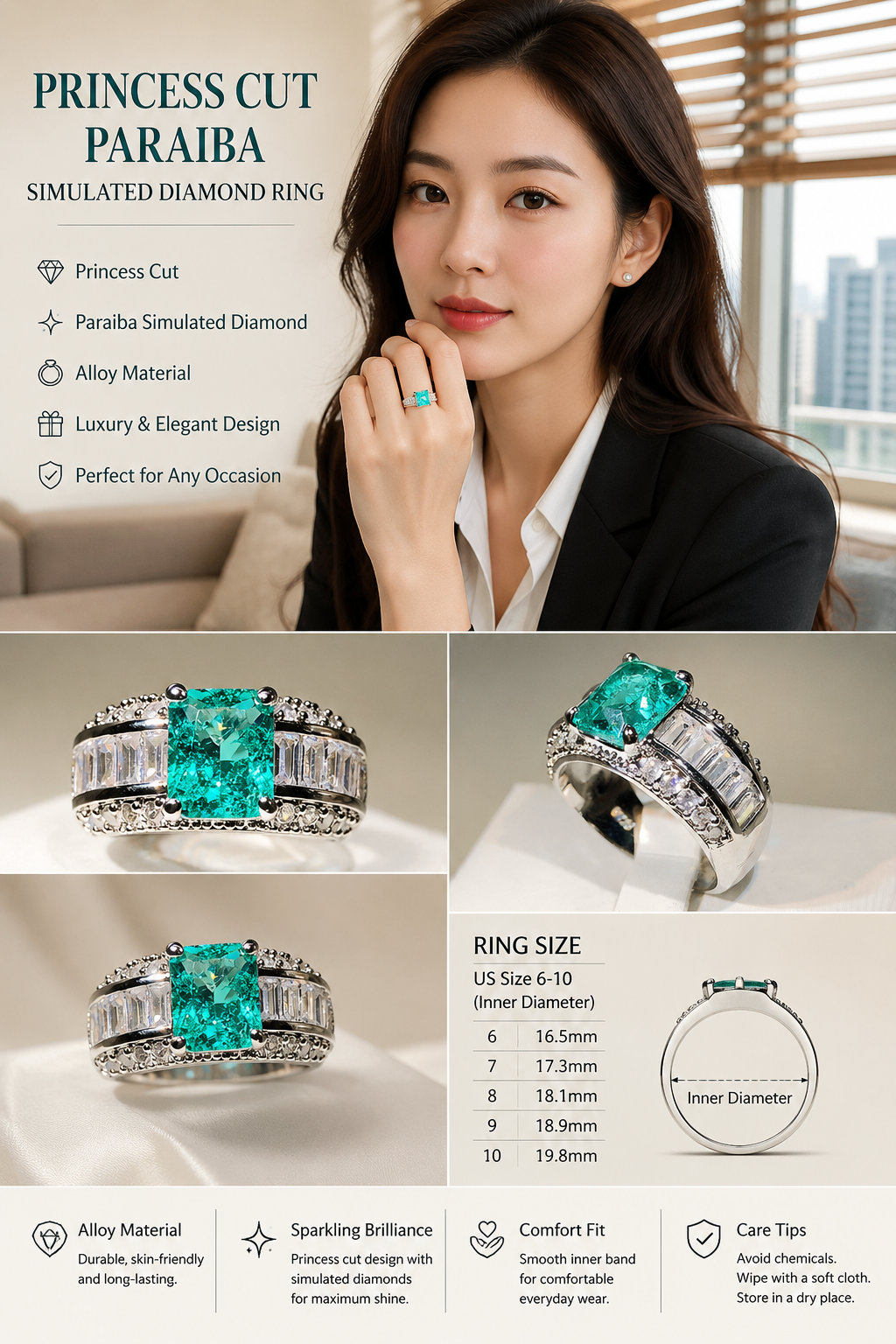 Princess Cut Alloy Fashion Ring