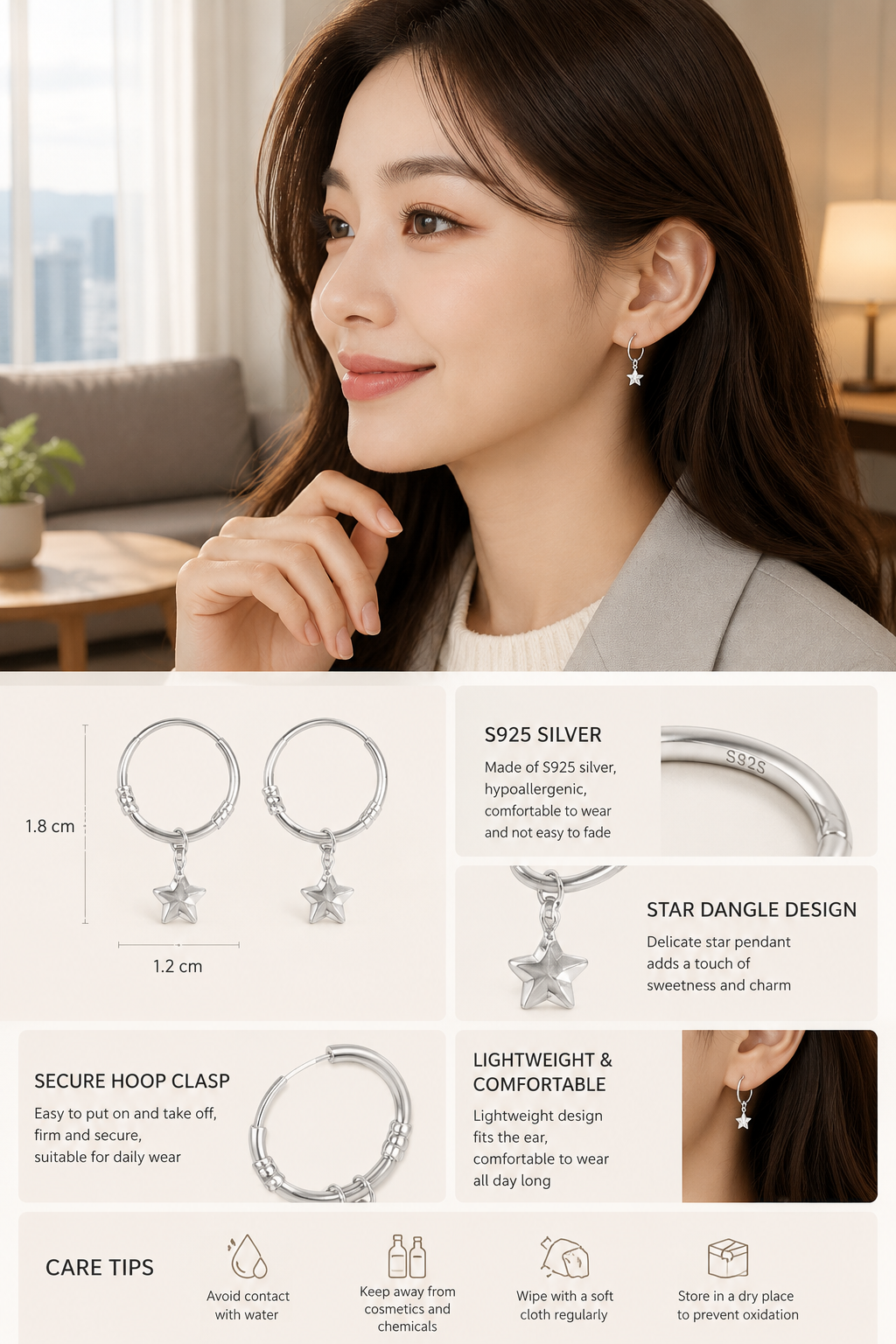 S925 Silver Star Ear Buckles
