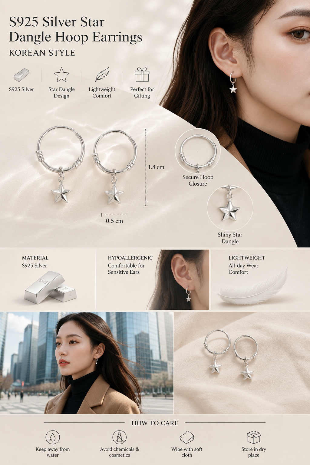 S925 Silver Star Ear Buckles