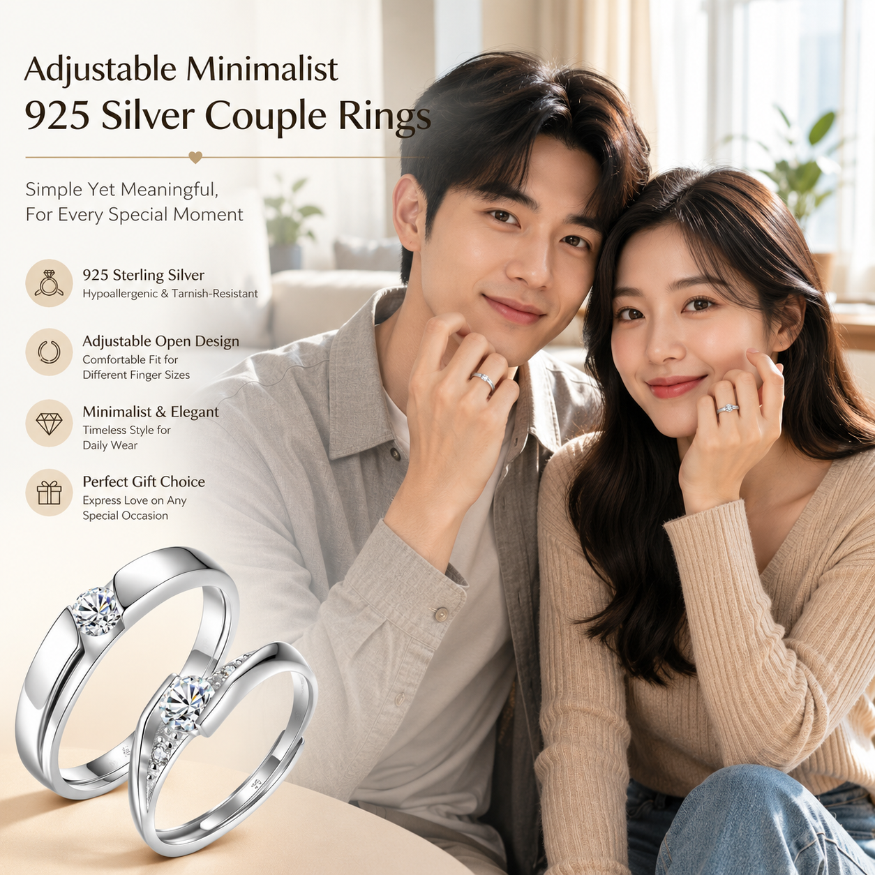 925 Sterling Silver Minimalist Couple Rings