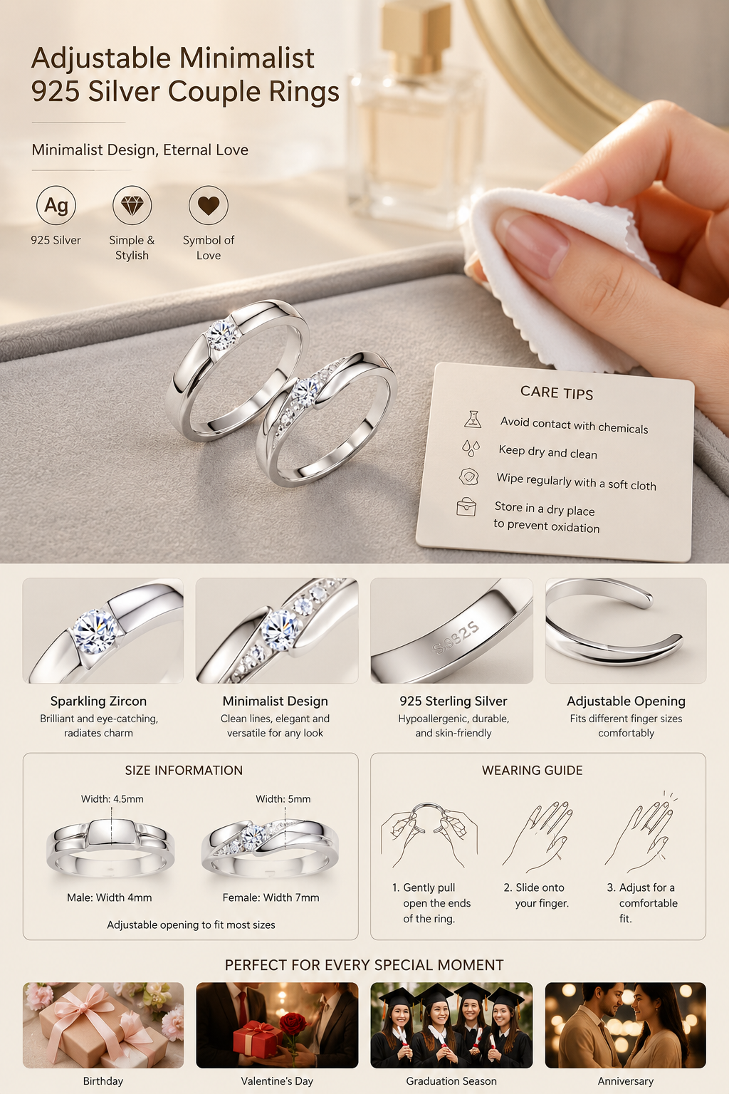 925 Sterling Silver Minimalist Couple Rings