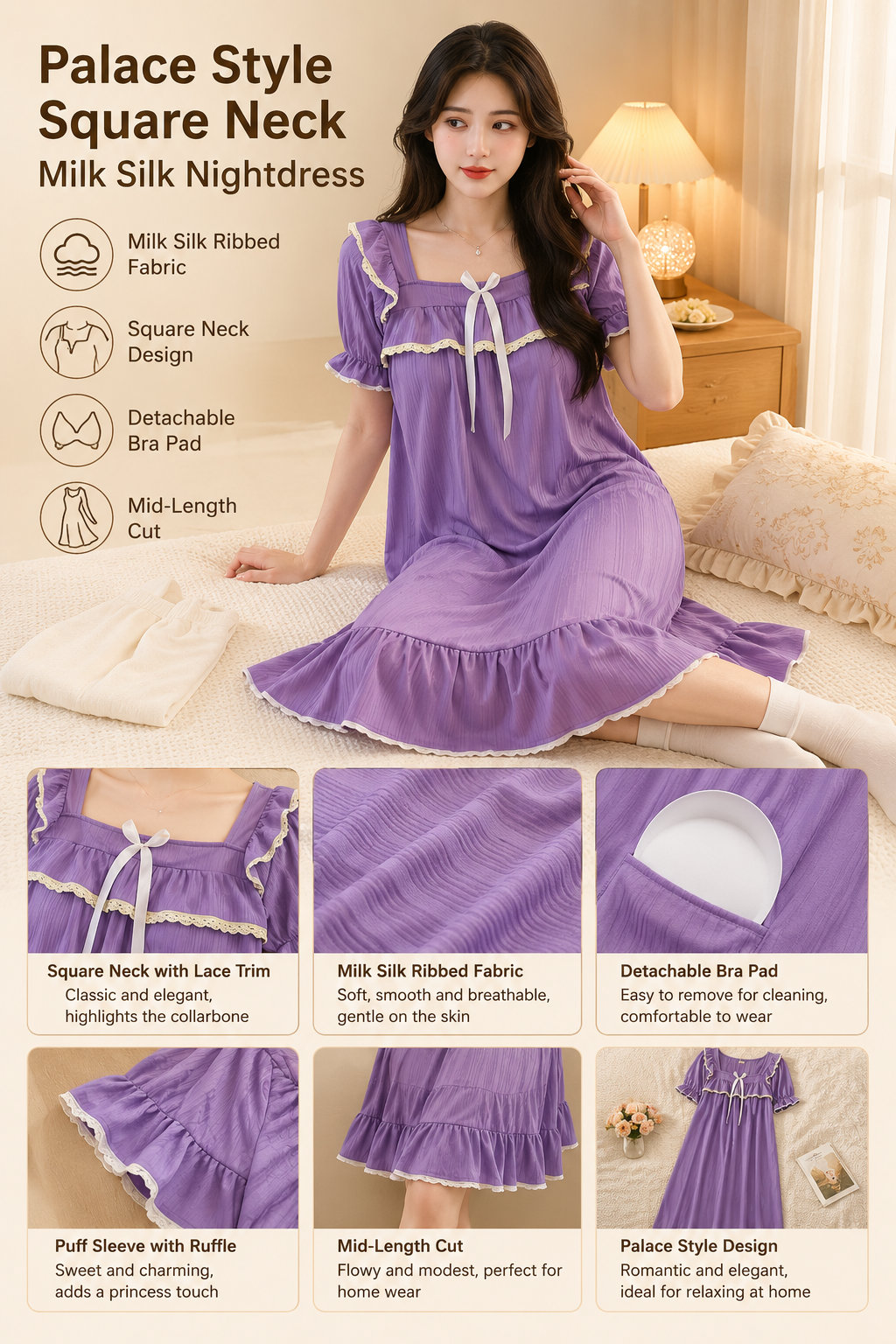 Palace Style Mid-length Milk Silk Nightdress