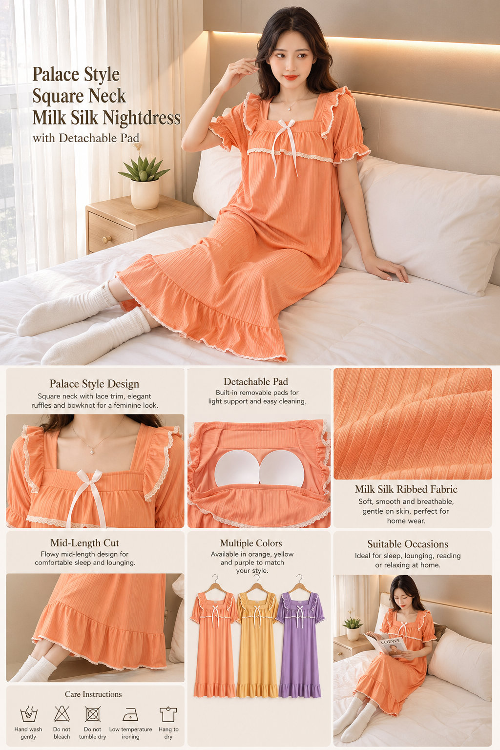 Palace Style Mid-length Milk Silk Nightdress