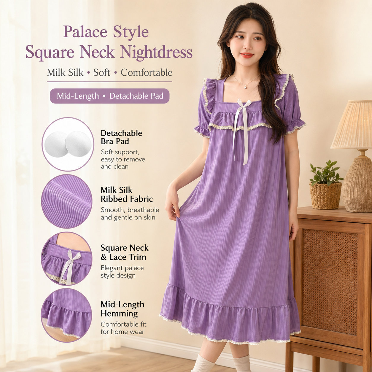 Palace Style Mid-length Milk Silk Nightdress