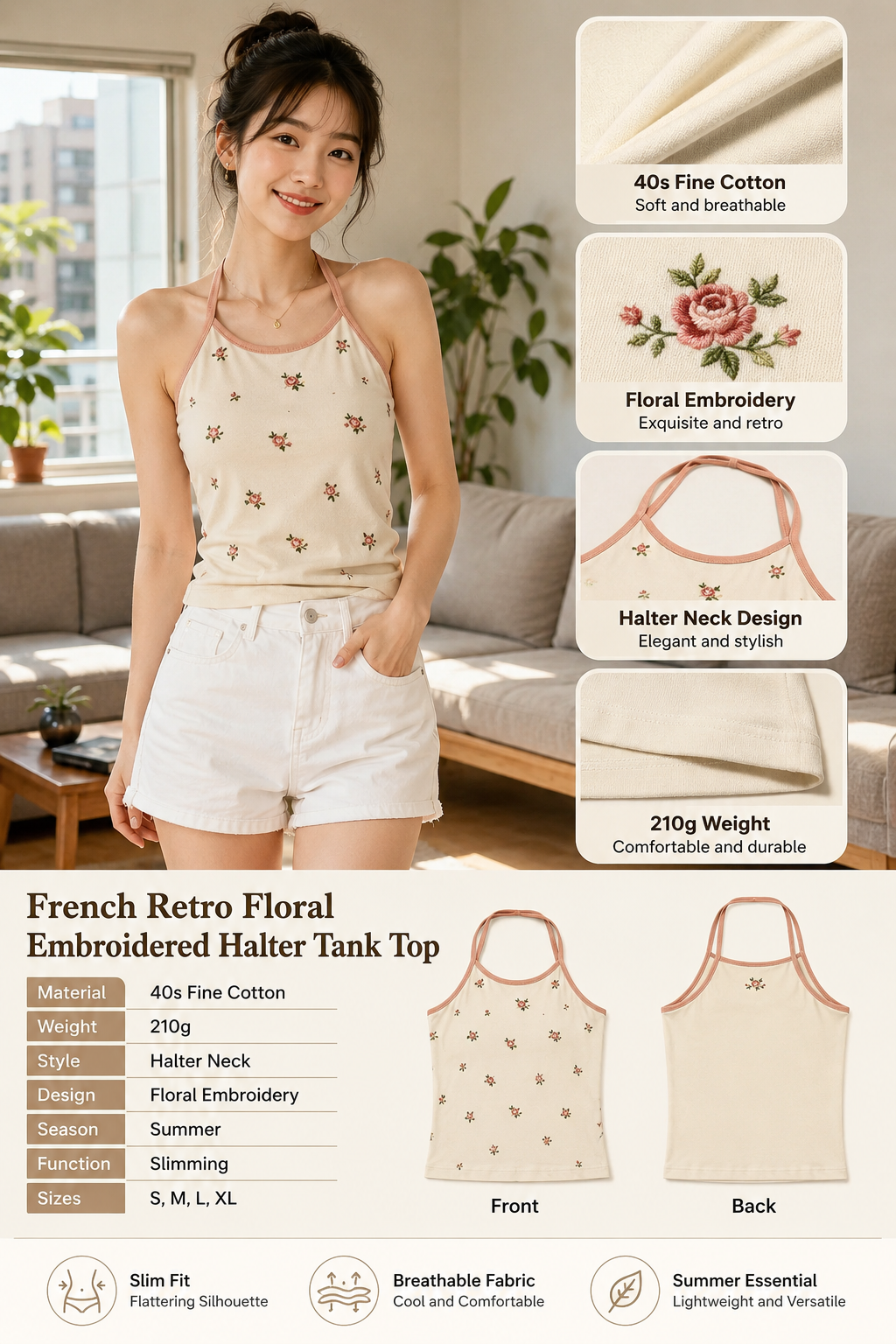 French Retro Floral Tank Top
