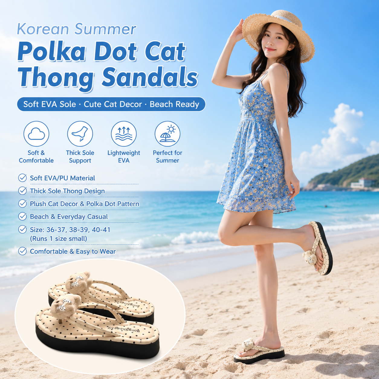 Women's Plush Cat Polka Flops