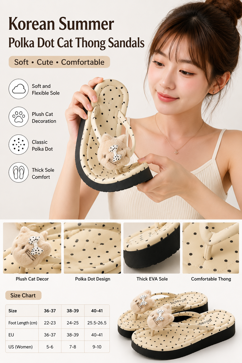 Women's Plush Cat Polka Flops