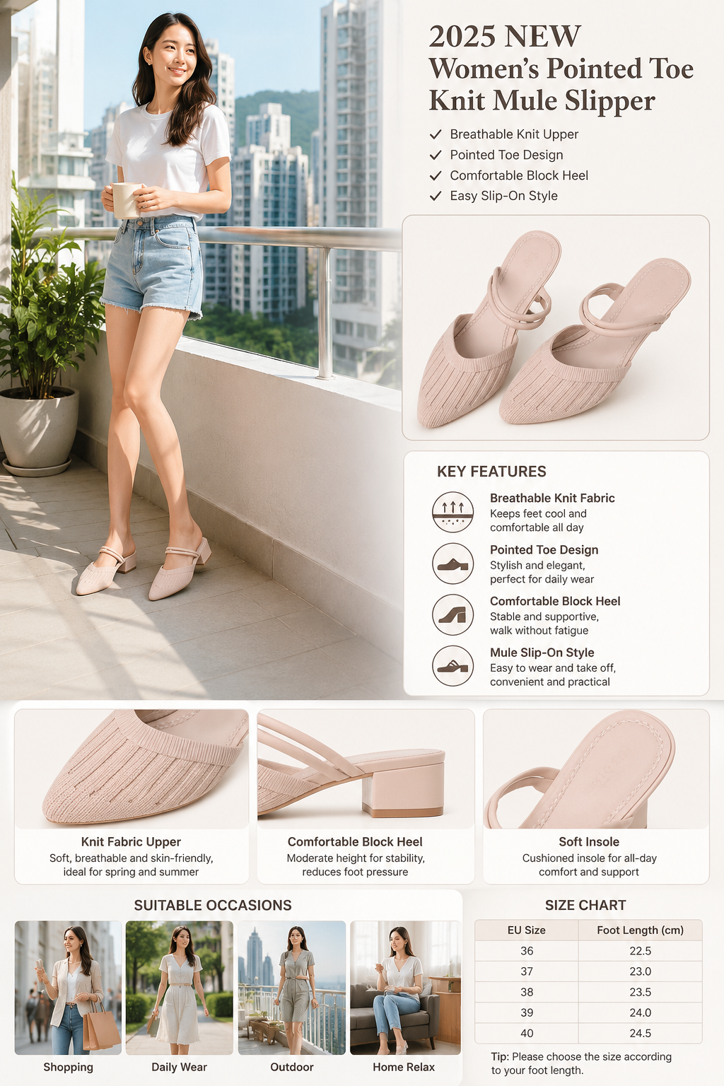 Women's Knit Block Heel Mules