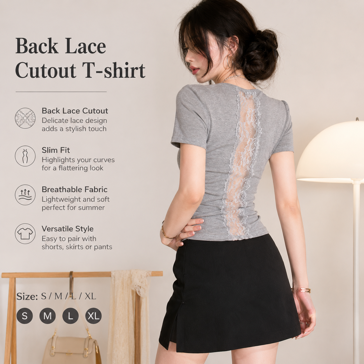 Grey Backless Lace Short Tee