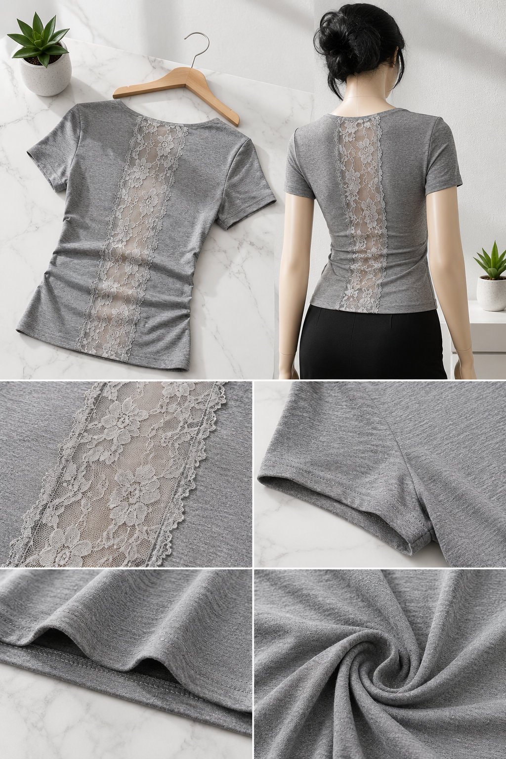 Grey Backless Lace Short Tee