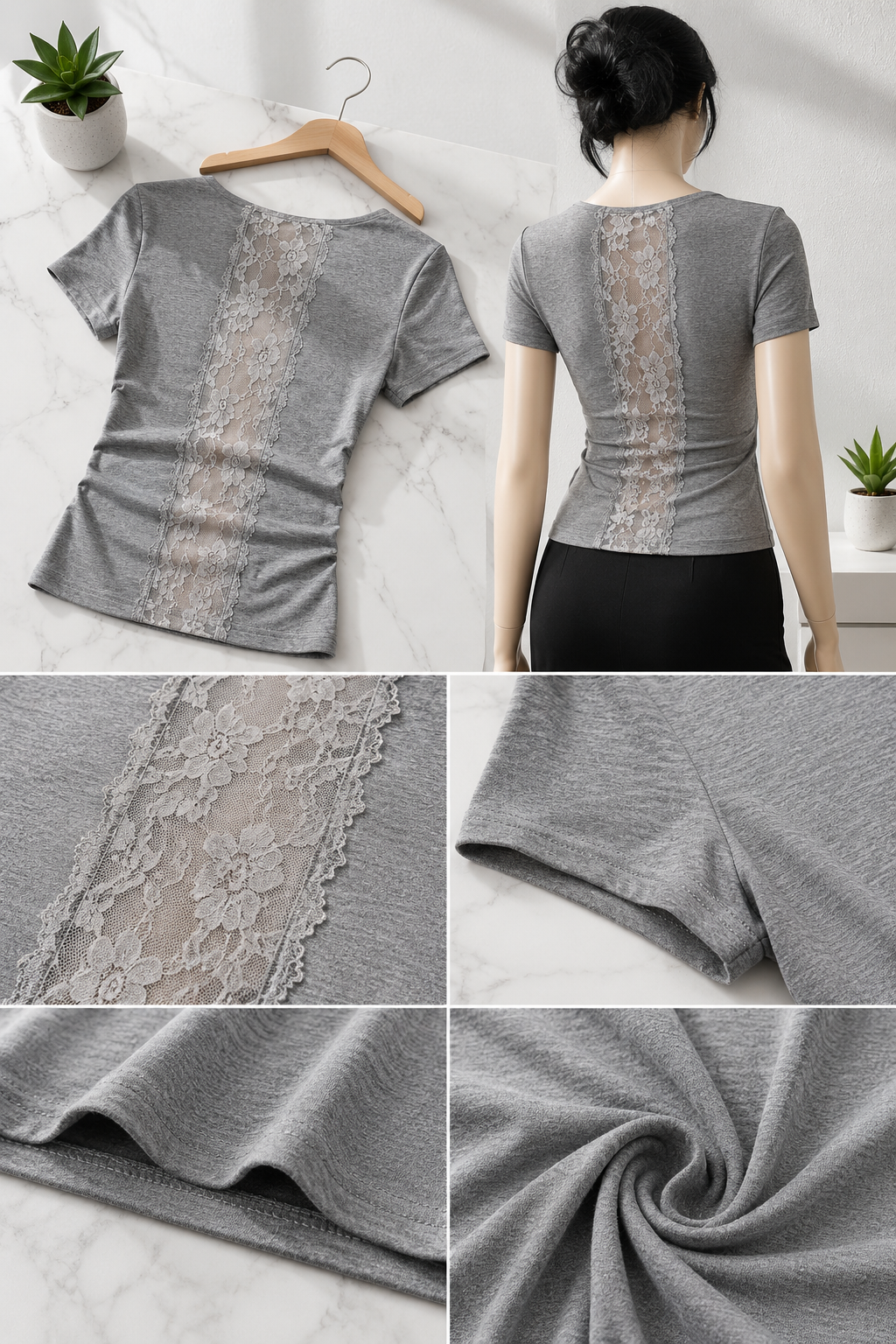 Grey Backless Lace Short Tee