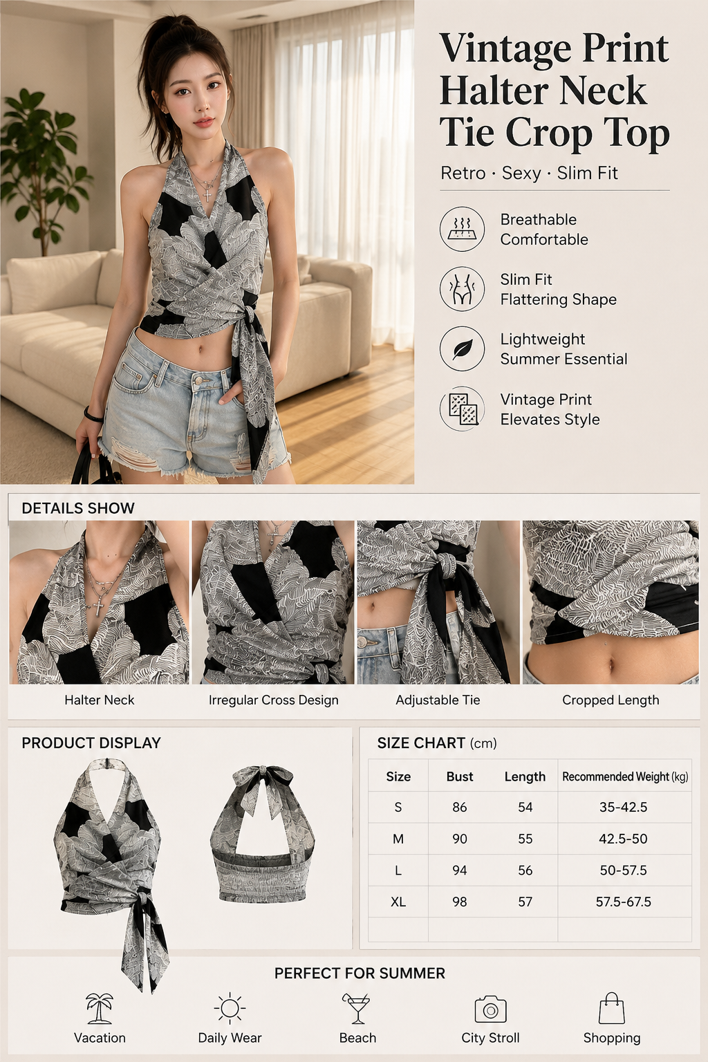 Vintage Print Halter Crop Top