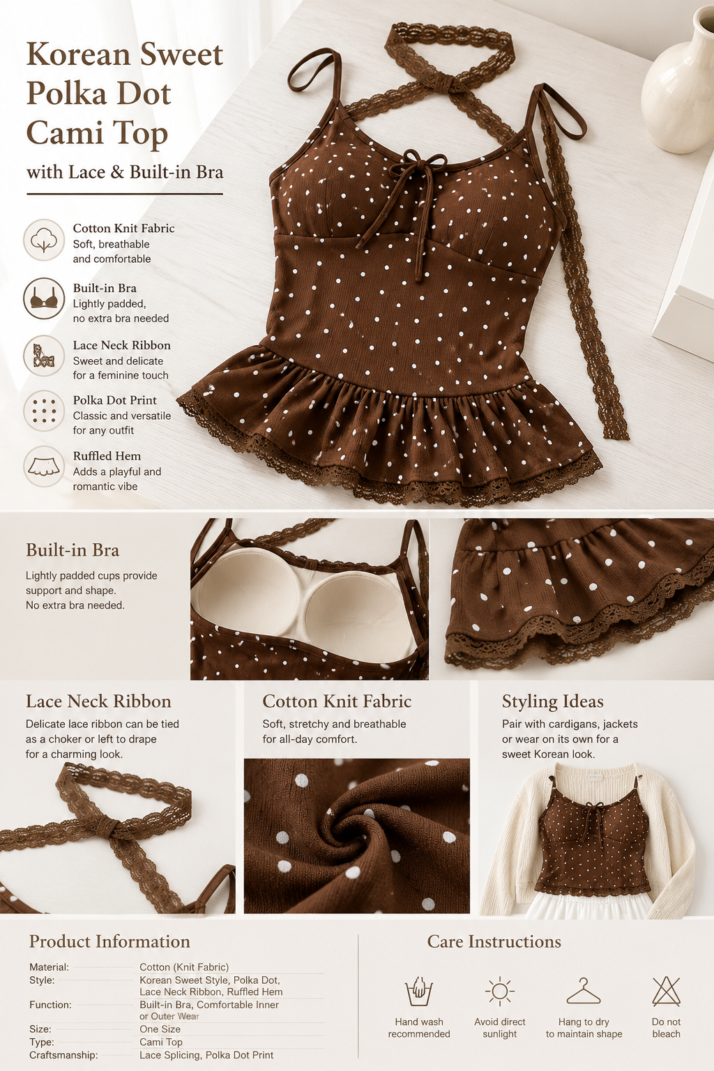 Polka Dot Lace Cami Top with Built-in Bra