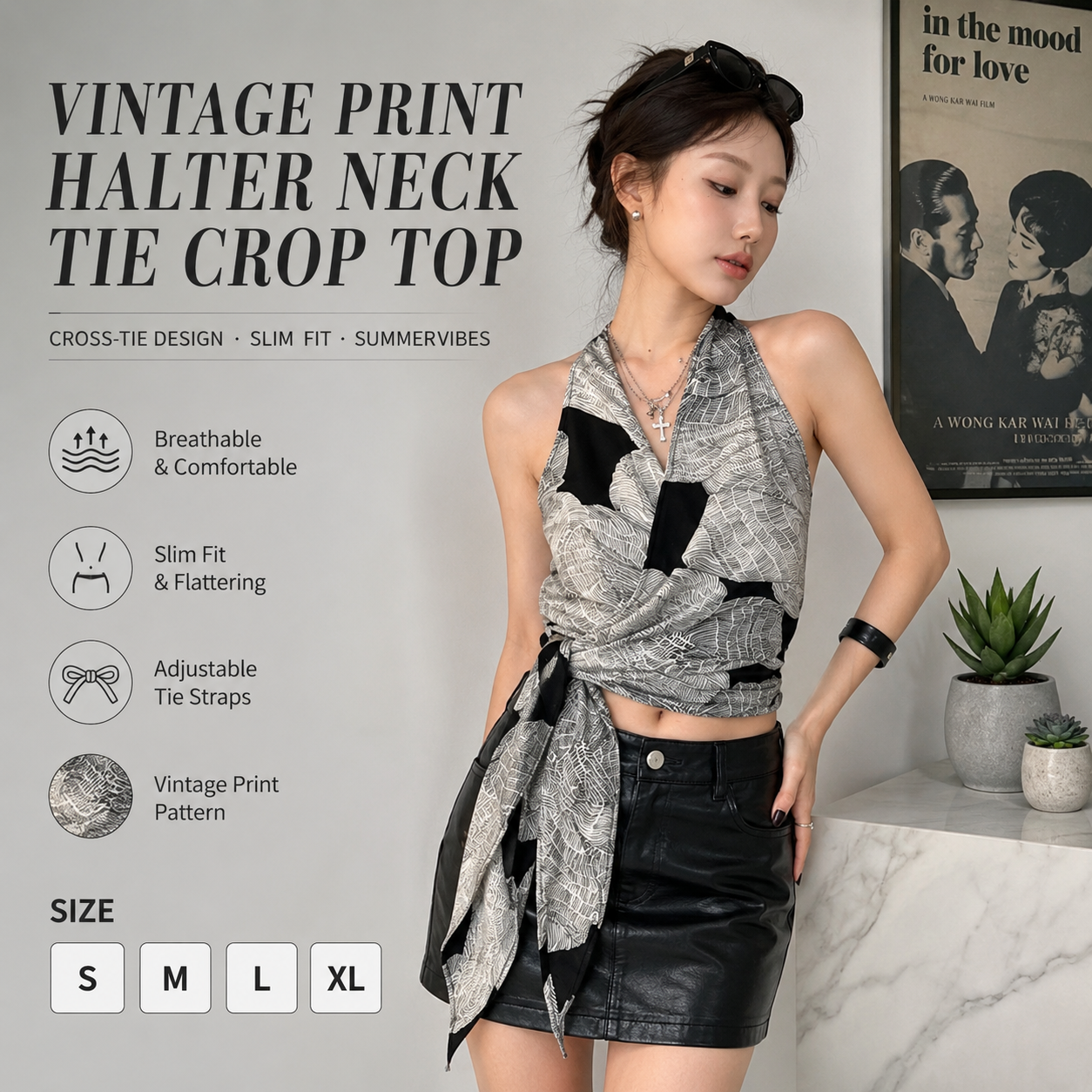 Vintage Print Halter Crop Top